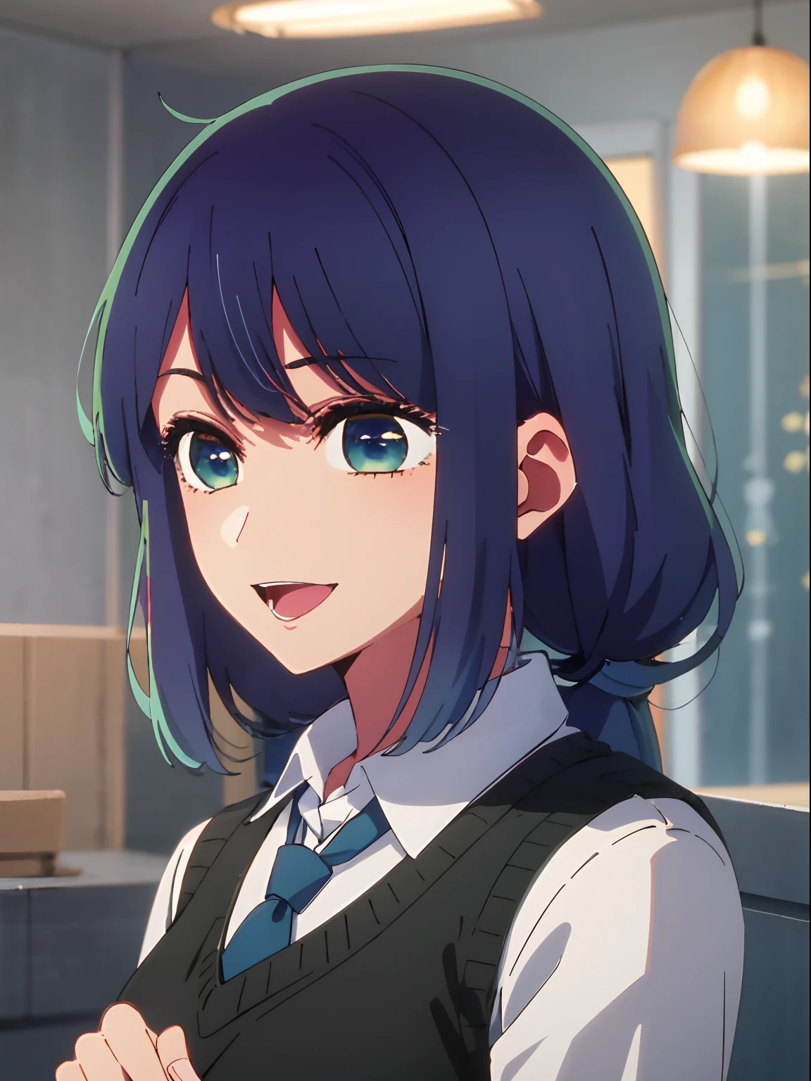 beautiful lighting, 1girl in, 独奏, Akane, white shirt, Sweater Vest, Black vest, Blue tie, ((anime styled))、((2D))、A smile、Open your mouth、poneyTail
