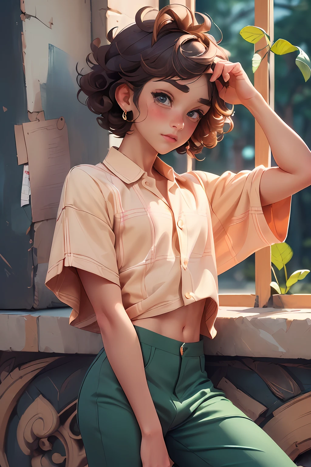 (best quality, masterpiece:1.4), 1 cute (feminine male:1.3), (bulge on pants:1.2), (embarrassed expression:1.2), (very curly short haircut:1.2), blushing, looking at viewer, (wearing skimpy feminine clothes:1.3)