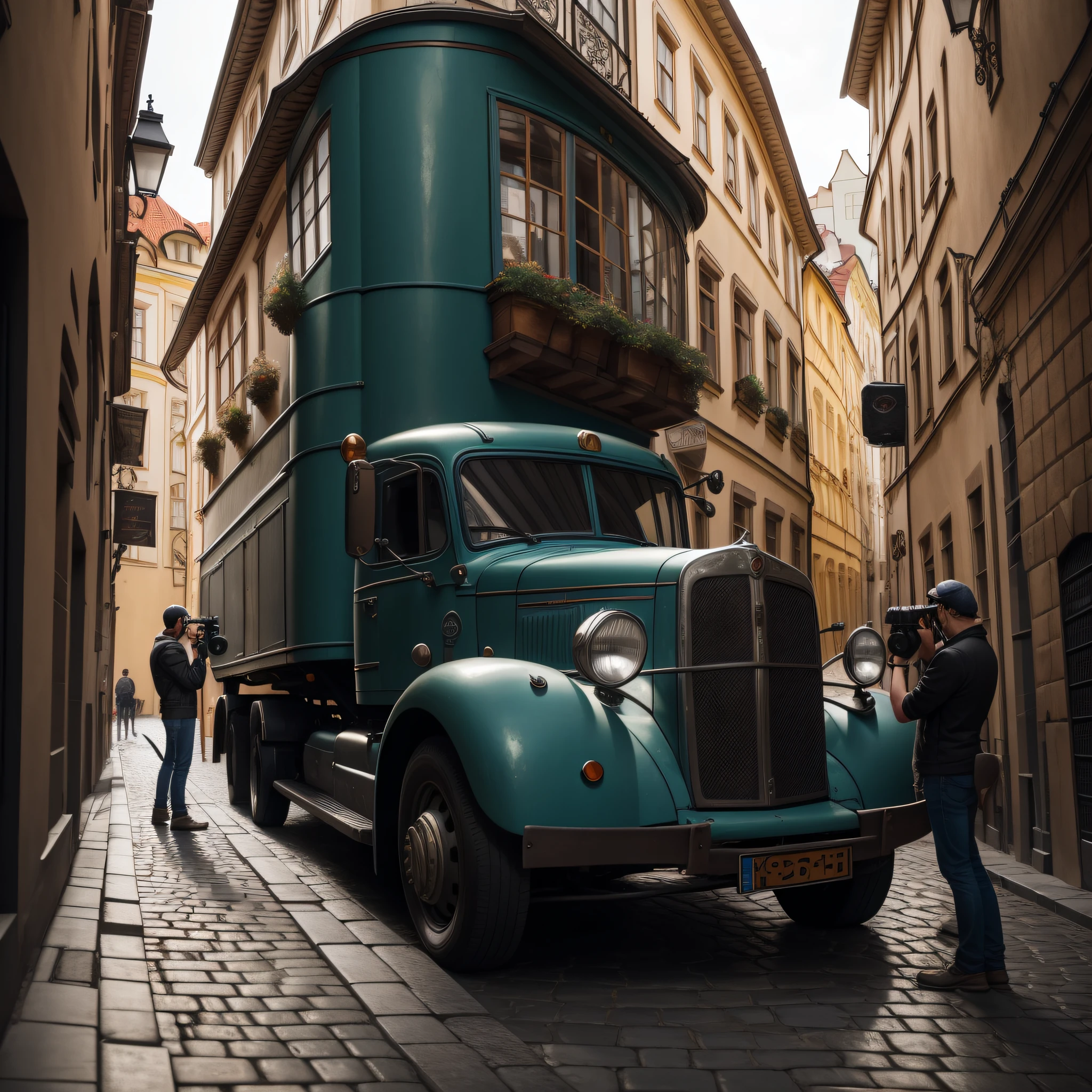 full figure of an photographer taking a distance reportage picture of an nice polished old European truck in an Prague alley, highly detailed photography style, intricated details, cinematic lighting, contrast lighting, dslr, insanely intricate details, amazing fine detail, hyper detailed, sharp focus, ultra high res