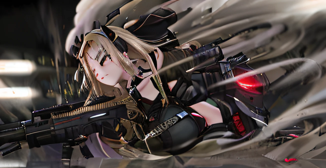 Anime girl with gun, from girls frontline, girls frontline style, m4 sopmod ii girls frontline, Girls Frontline CG, Fine details. Girl Front, Girl Front, girls frontline universe, From the night of the ark, anime machine gun fire, Badass anime 8 K, Female action anime girl, mechanized soldier girl, with rifle, Guviz, arknight，The clothes are greatly damaged in the form of a mesh，Expose large breasts：1.8，