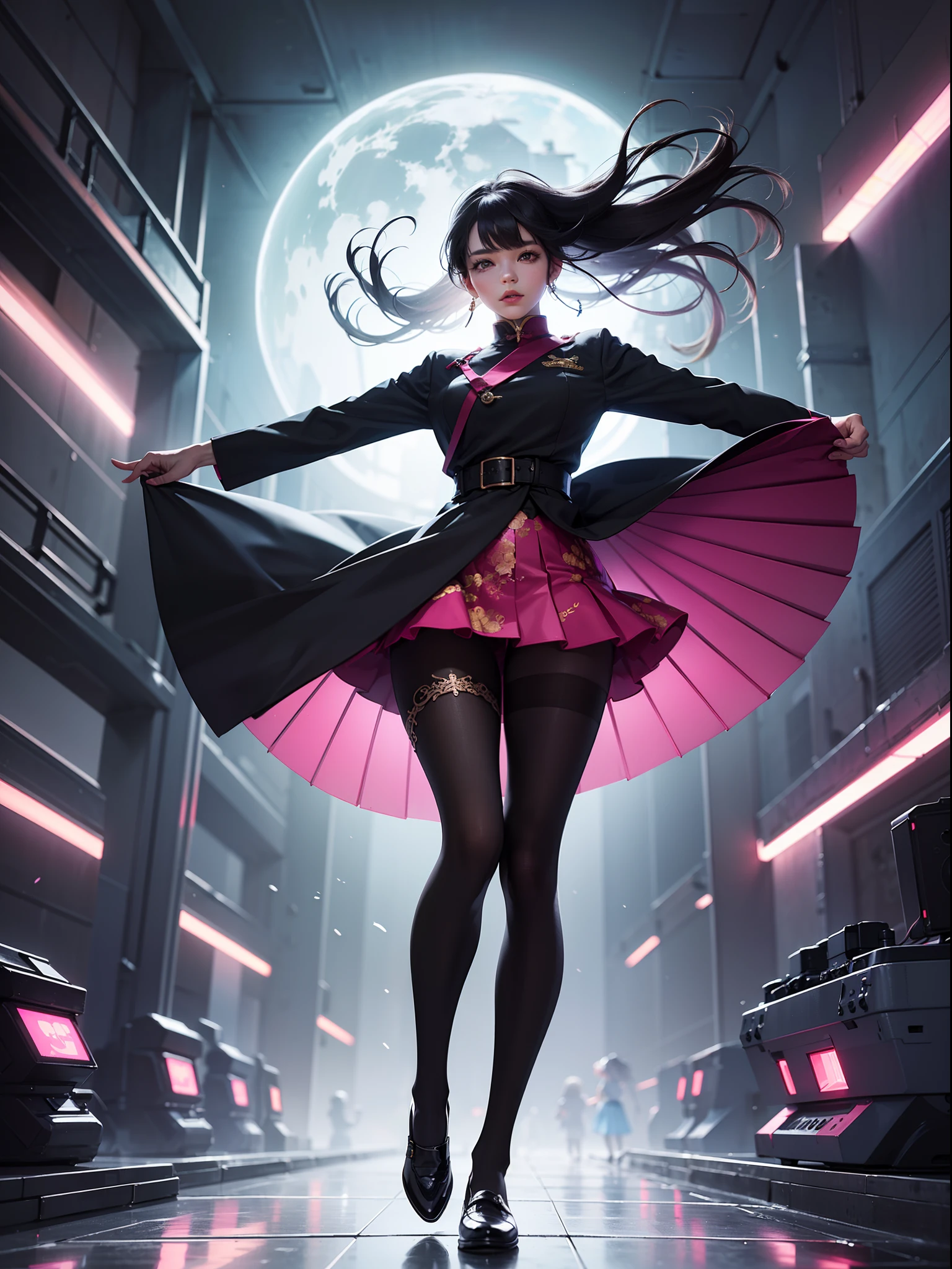 (full body:1.5),(1girl:1.3),(looking at viewer:1.4),(anatomy correct:1.3),(In the paradise of the day:1.3),(Wearing Very thick Printed Pantyhose and chinese JK Student Dress Printed Pleated Skirt and JK uniform leather shoes,and a large amount of jewellery :1.3), (A high jump posture:1.3),(In pink|amarelo|blue colors|green color|red colour|white colors|black in color|purpleish color|greys|Beige|Flesh color 1.4),,(Accurate and perfect face:1.4),(Clothing Gloss:1.25),(Skin reflection:1.25),hyper HD, Ray traching, reflective light,structurally correct, Award-Awarded, high detal, lightand shade contrast, Face lighting,cinmatic lighting, tmasterpiece, super detailing, high high quality, high detal, best qualityer, 16k,high contrast,