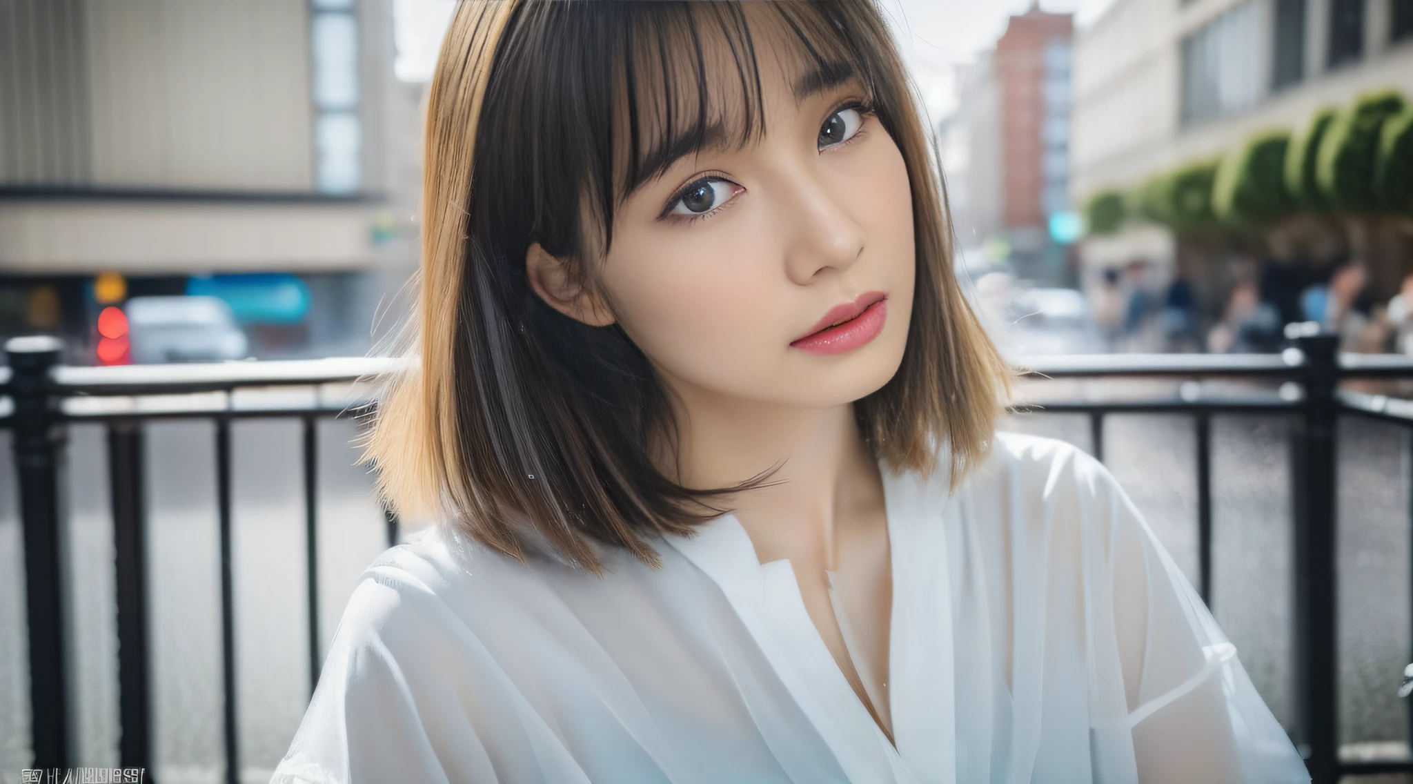 ((Best Quality, 8K, Masterpiece:1.3)), Focus:1.2, Perfect Body Beauty:1.4, Buttocks:1.2, (Layered Haircut:1.2)), (Rain, Street:1.3), Bandeau Dress:1.1, Highly Detailed Face and Skin Texture, Delicate Eyes, Double Eyelids, Whitened Skin, Long Hair, (Round Face: 1.5)