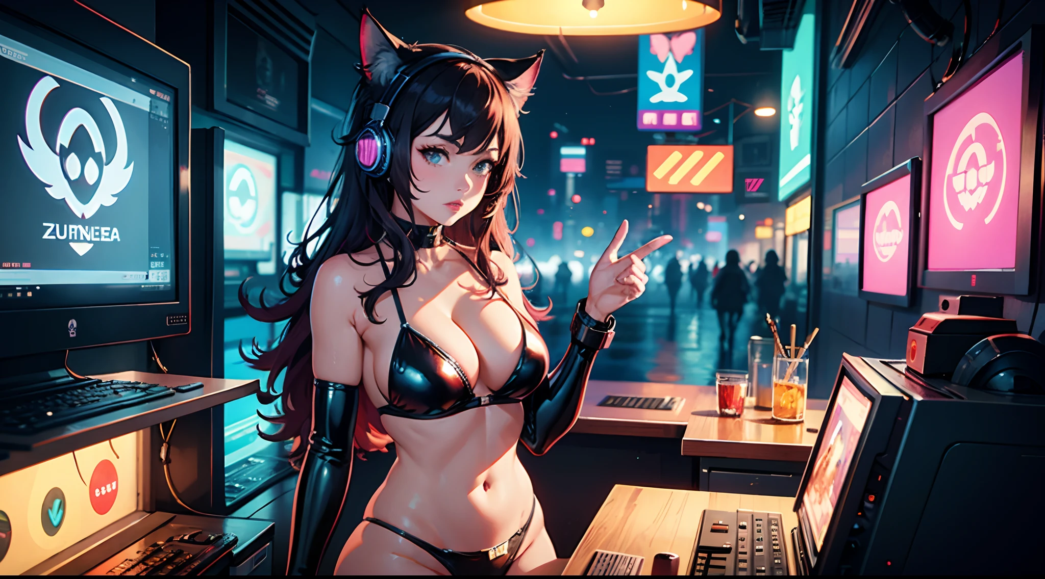 hot lofi girl wearing headphone, cleavage, cat ear, synthwaves , retro-futuristic, topless, futuristic glossy latex bikini, ( ( cyberpunk ) ) suit by ( futuris lali ), smeag rutkowski, wlop, astri lohne, zdzisław beksinski trending on artstation