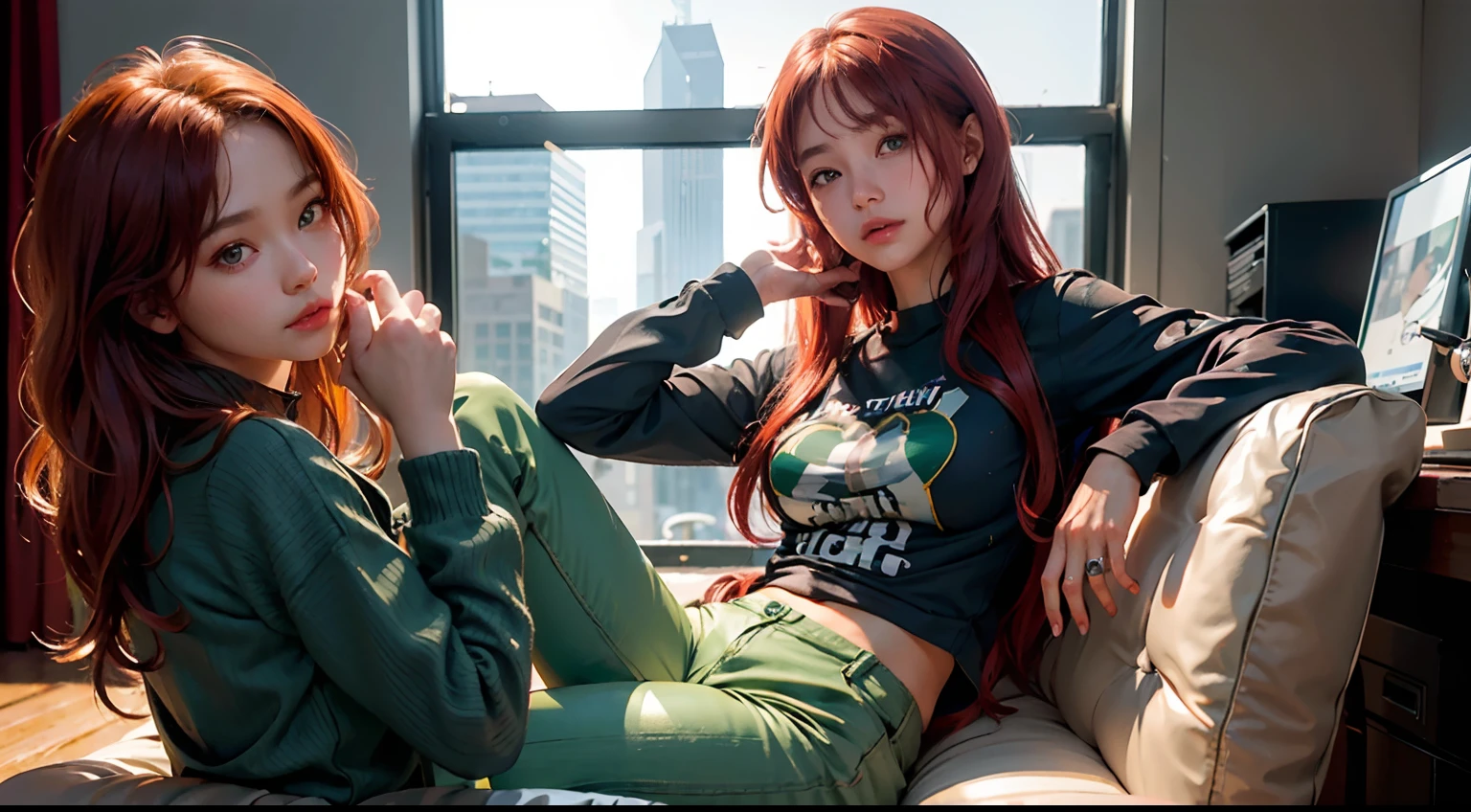 Detailed shiny brown skin、(realisitic、Photorealsitic:1.4)、Cute s、sitting on、The office of the near future、Drenched shirt、tight trousers、long-sleeve、red eyes +A detailed eye、Middle hair + Green hair
