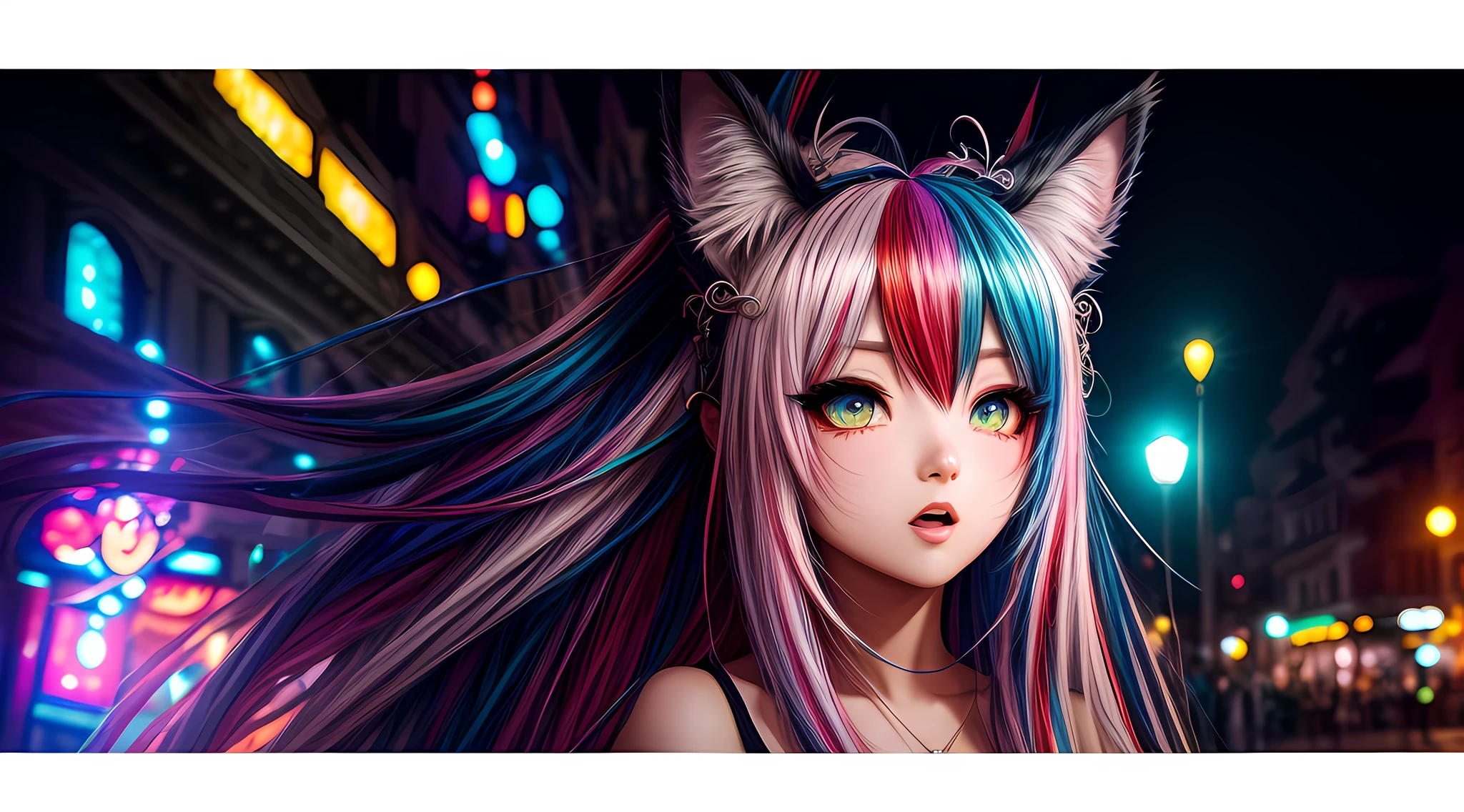 longeyelashes, solid circle eyes, fake animal ears, multicolored hair, streaked hair, crown, mismatched sclera, animal ears, cat ears, open mouth, shy, blush, drunk, Surrealism, anaglyph, stereogram, tachi-e, Surrealism, Futurism, En plein air, depth of field, chiaroscuro, cinematic lighting, image fill, halftone, Fujicolor, pov, bust chart, 8k, ccurate --auto