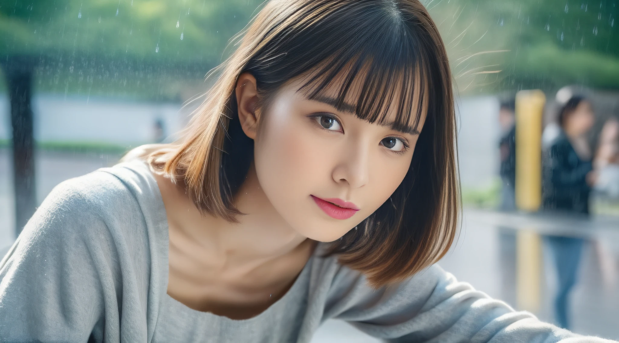 ((Best Quality, 8K, Masterpiece:1.3)), Focus:1.2, Perfect Body Beauty:1.4, Buttocks:1.2, (Layered Haircut:1.2)), (Rain, Street:1.3), Bandeau Dress:1.1, Highly Detailed Face and Skin Texture, Delicate Eyes, Double Eyelids, Whitened Skin, Long Hair, (Round Face: 1.5)
