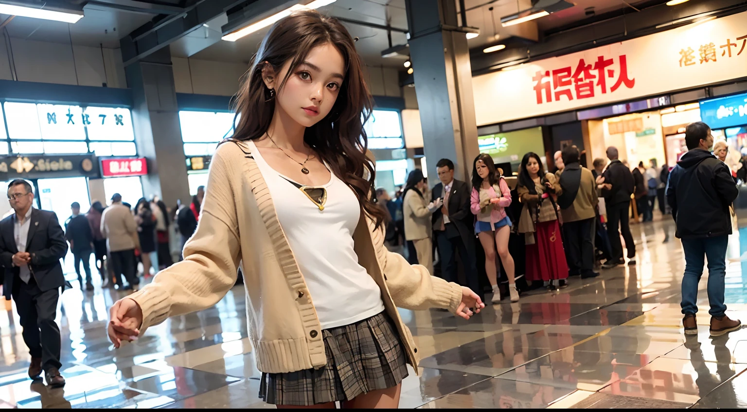 Detailed shiny and strongly tanned skin、(realisitic、Photorealsitic:1.4)、Cute little girl s、Dancing、shopping mall、Cardigan、a miniskirt、tights、Golden Eyes +A detailed eye、long curly hair + Golden bristles