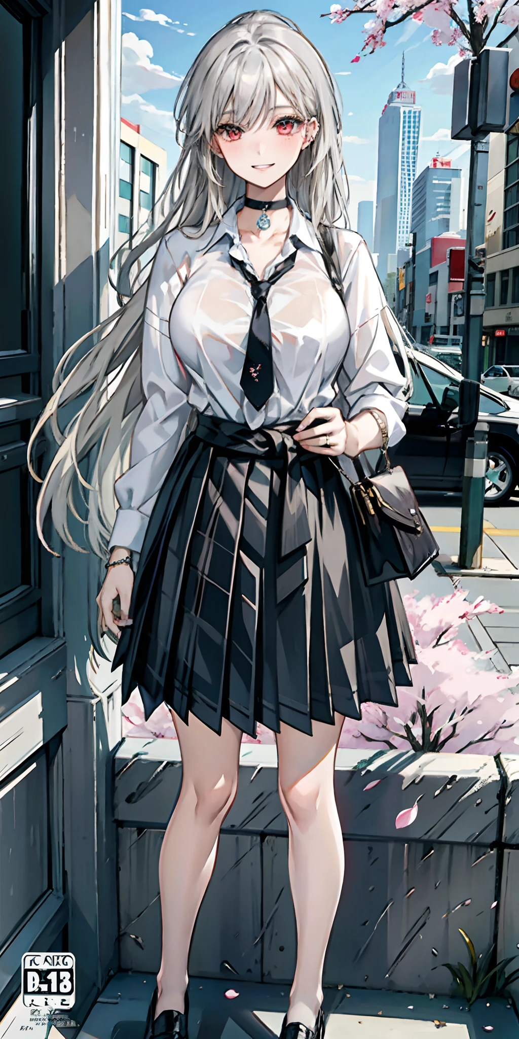 masterpiece, best quality, full body, 1girl, bangs, black choker, black necktie, blonde hair, blue skirt, blush, bracelet, breasts, choker, clothes around waist, collarbone, collared shirt, cowboy shot, dress shirt, ear piercing, eyebrows visible through hair, gradient hair, grin, gyaru, jewelry, kogal, long hair, looking at viewer, loose necktie, necktie, piercing, plaid, plaid skirt, pleated skirt, red eyes, ring, school uniform, shirt, skirt, smile, solo, white shirt, street, sky, cherry blossoms, petals,illustration, (magazine:1.3), (cover-style:1.3), fashionable, woman, vibrant, outfit, posing, front, colorful, dynamic, background, elements, confident, expression, holding, statement, accessory, majestic, coiled, around, touch, scene, text, cover, bold, attention-grabbing, title, stylish, font, catchy, headline, larger, striking, modern, trendy, focus, fashion,