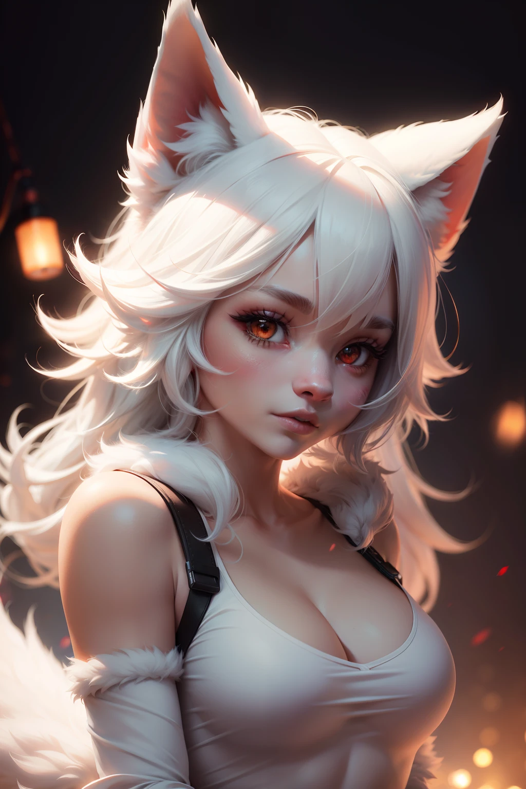furry, white fur, ultra cute face, red elements on fur, glowing t-shrt, beautiful lights and shadows, ambient light, ultra detailed fur, volumetric light
