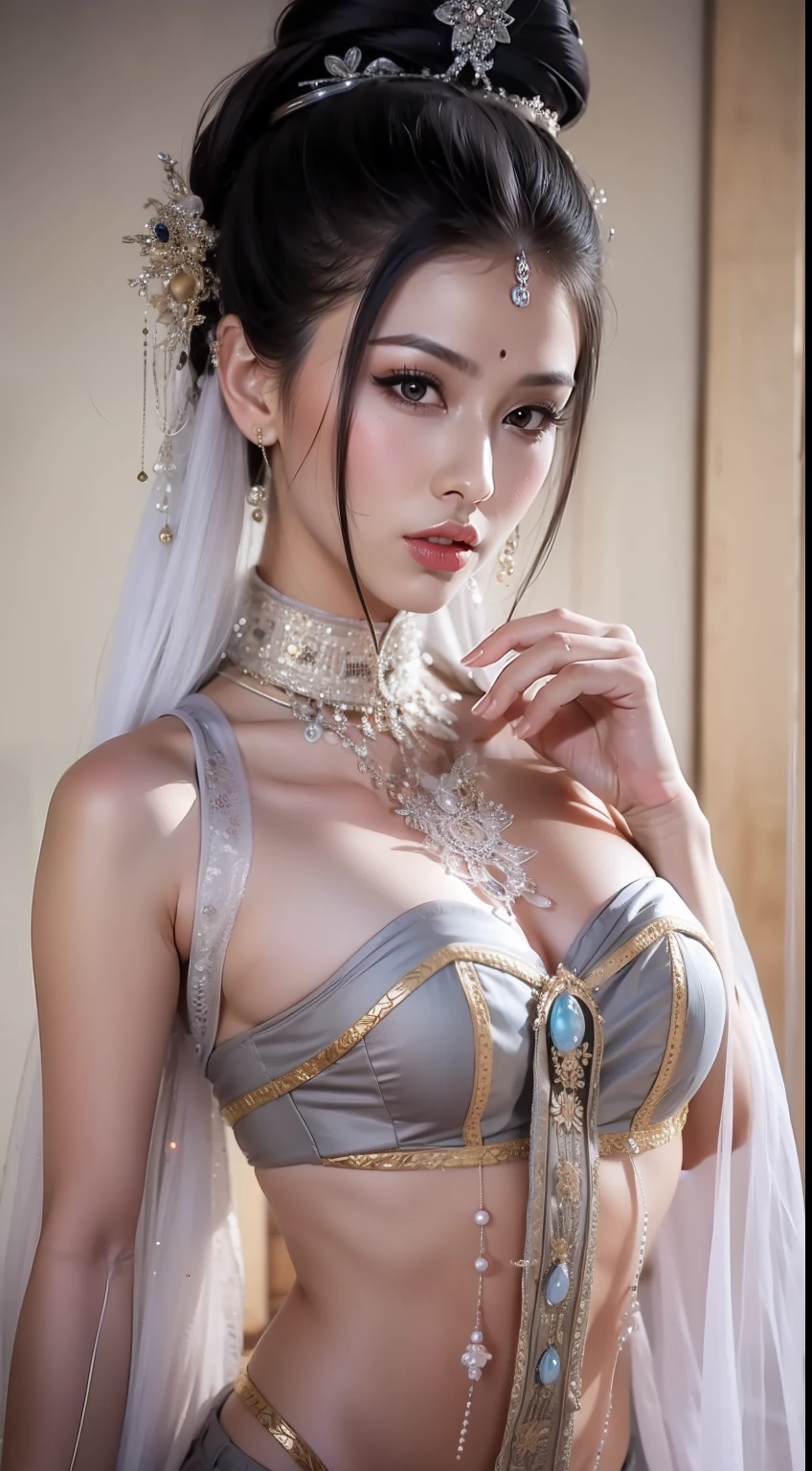 Fashion model 20 years old [[[[closeup cleavage]]]], [[[[boobgasm]]]], [[[[coll]]]], [[[[bshoulders]]]], perfect  eyes, Perfect iris，Perfect lips，perfect teeth，Perfect skin，with fair skin，Soft front light，hdr，Movie girl，Casual，long whitr hair，scowling，The expression was melancholy，expression sad，The background is indoors，during night，（pastel colour：1.2）