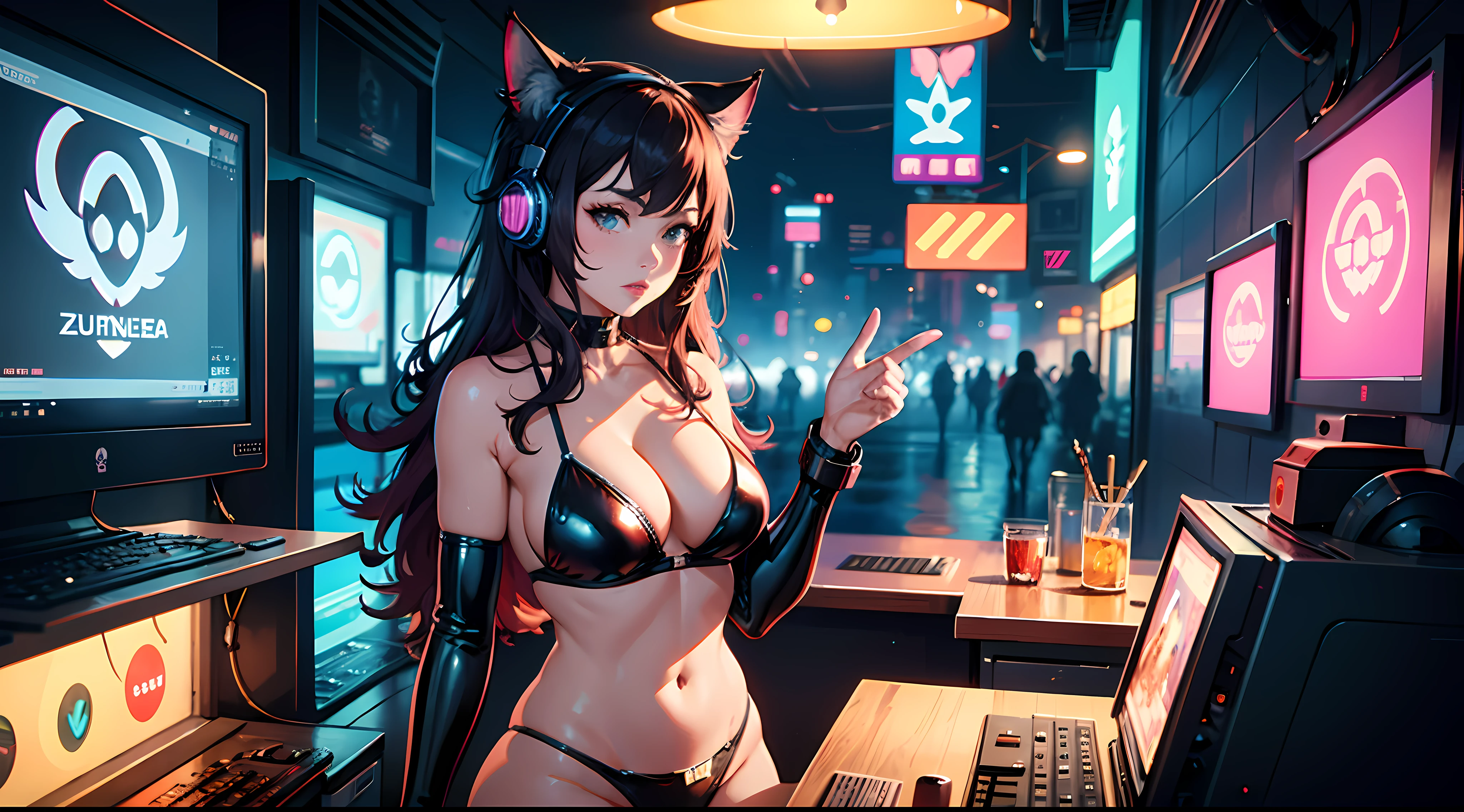 hot lofi girl wearing headphone, cleavage, cat ear, synthwaves , retro-futuristic, topless, futuristic glossy latex bikini, ( ( cyberpunk ) ) suit by ( futuris lali ), smeag rutkowski, wlop, astri lohne, zdzisław beksinski trending on artstation