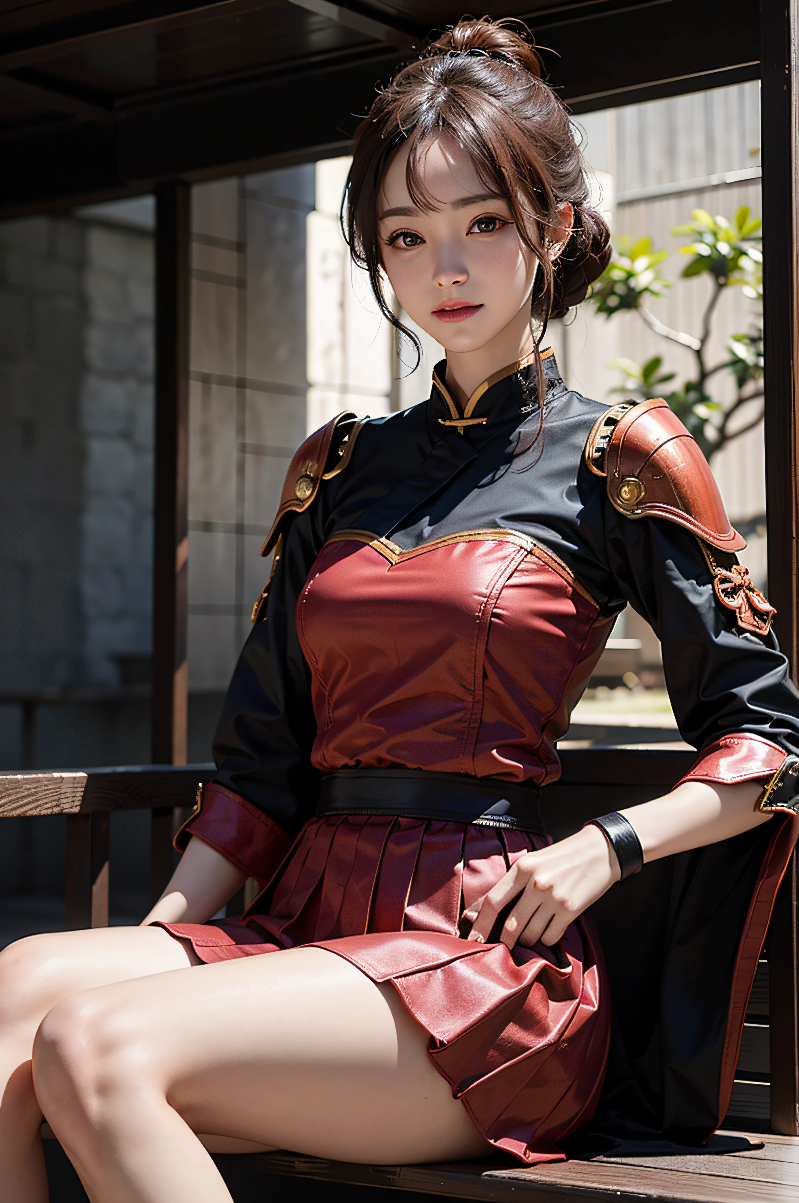Masterpiece, 1 beautiful girl, Detailed, Swollen eyes, Top quality, 超高分辨率, (reality: 1.4), Original photo, 1girll, Cinematic lighting, Smiling, Japanese, Asian beauty, Korean, Clean, Super beautiful, little young face, Beautiful skin, Slender, Cyberpunk background, (Ultra photo realsisim), (high resolution), (8K), (Very detailed), (Best Illustration), (Beautifully detailed eyes), (Super detailed), (the wallpaper), (Detailed face), audience looking, finedetail, Detailed face, pureerosfaceace_V1, Smiling, 46-point oblique bangs, Staring straight ahead, Neat and clean clothes, Black colored eyes, Red armor, Traditional Japanese red armor, Short skirt, The hair color is bright red, body facing front, nice thigh,