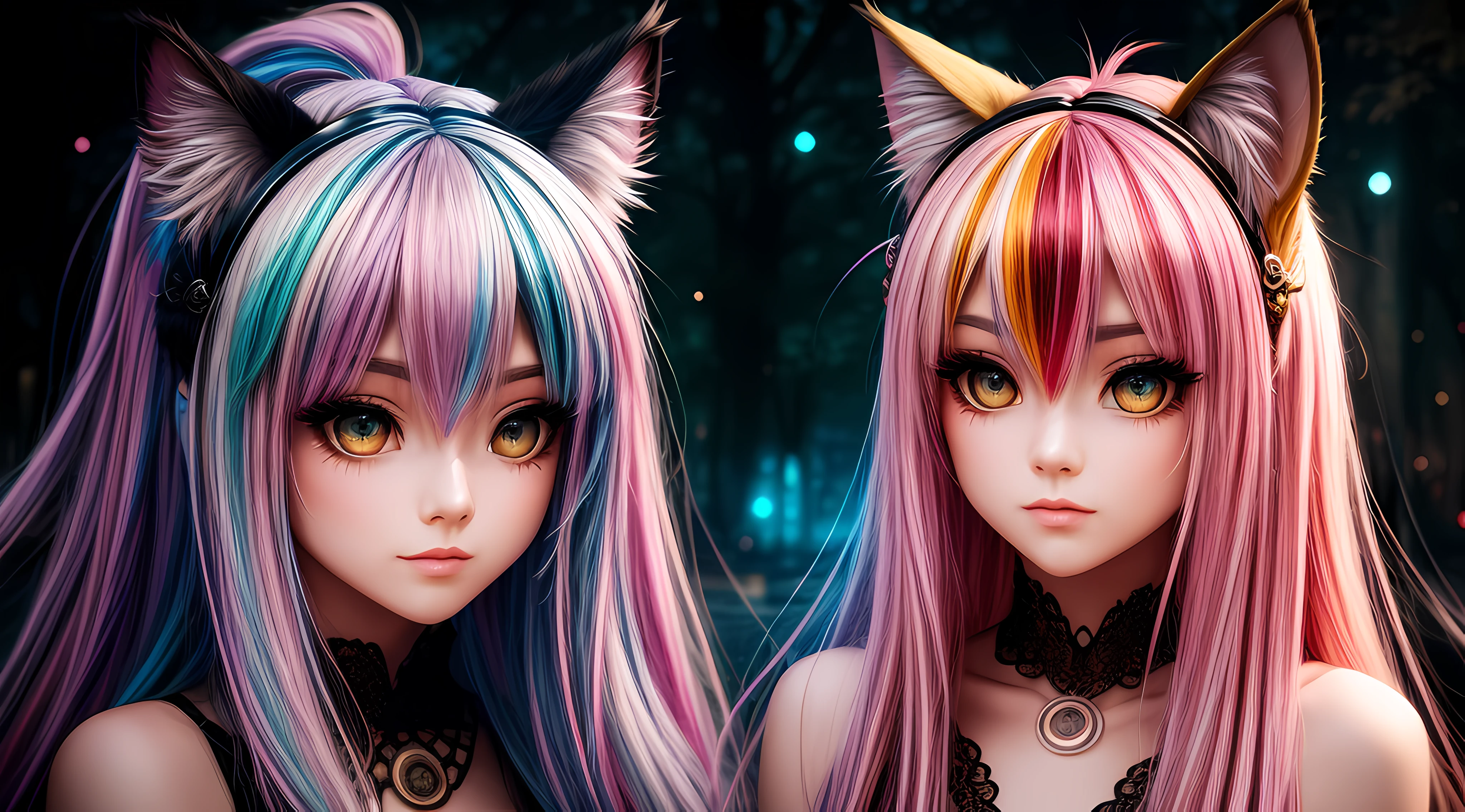 longeyelashes, solid circle eyes, fake animal ears, multicolored hair, streaked hair, crown, mismatched sclera, animal ears, cat ears, open mouth, shy, blush, drunk, Surrealism, anaglyph, stereogram, tachi-e, Surrealism, Futurism, En plein air, depth of field, chiaroscuro, cinematic lighting, image fill, halftone, Fujicolor, pov, bust chart, 8k, ccurate --auto