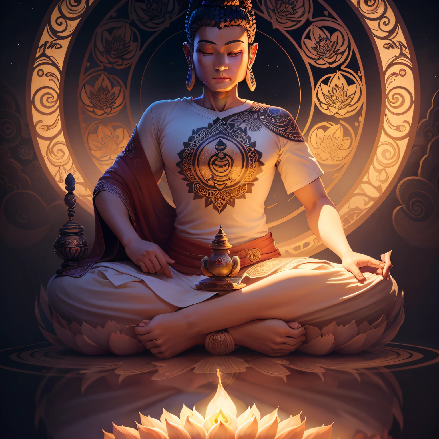 "Stylized buddha and lotus flower in an ethereal and mystical setting, meditating, with intricate symbology, ideal for a t-shirt print."