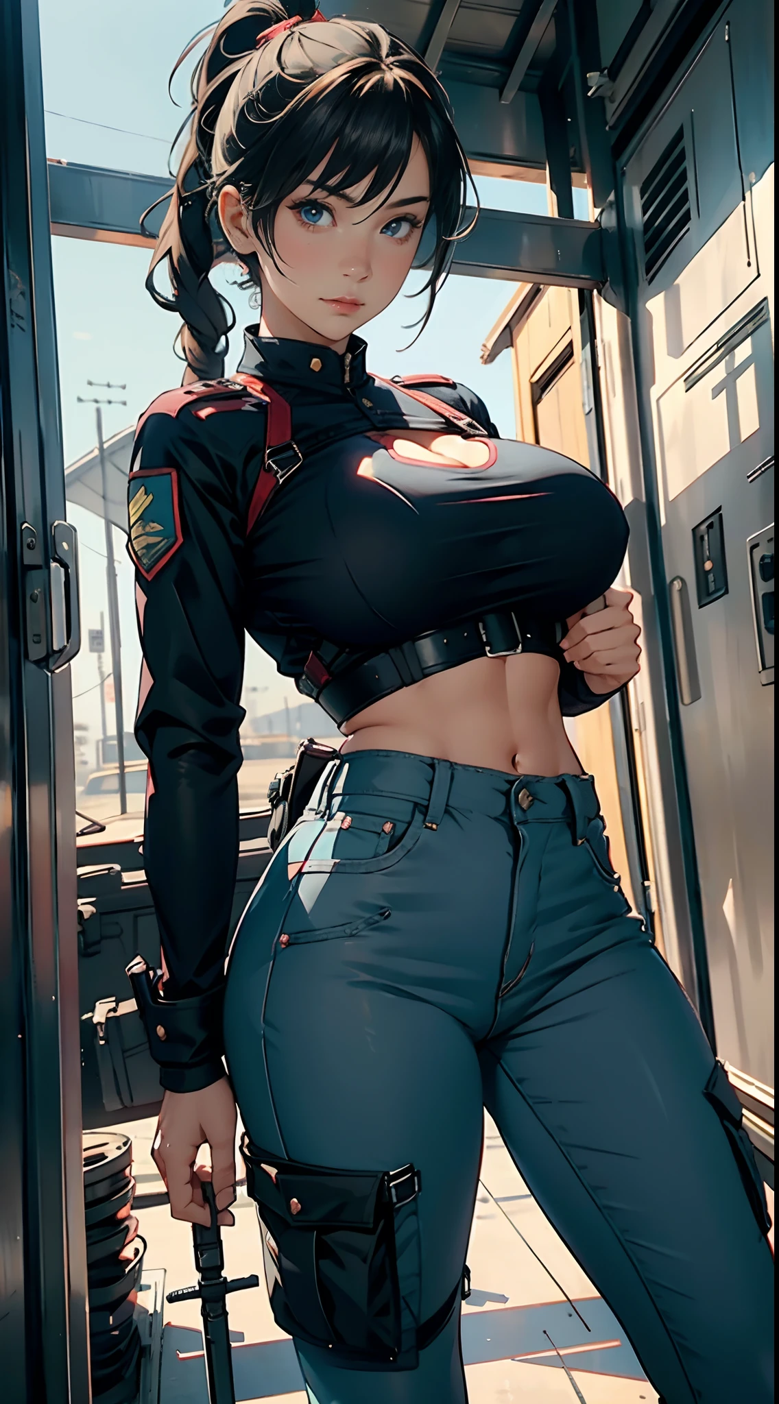 1female,girl soldier,extremely large bosom,nakeness,skinny pants,nakeness