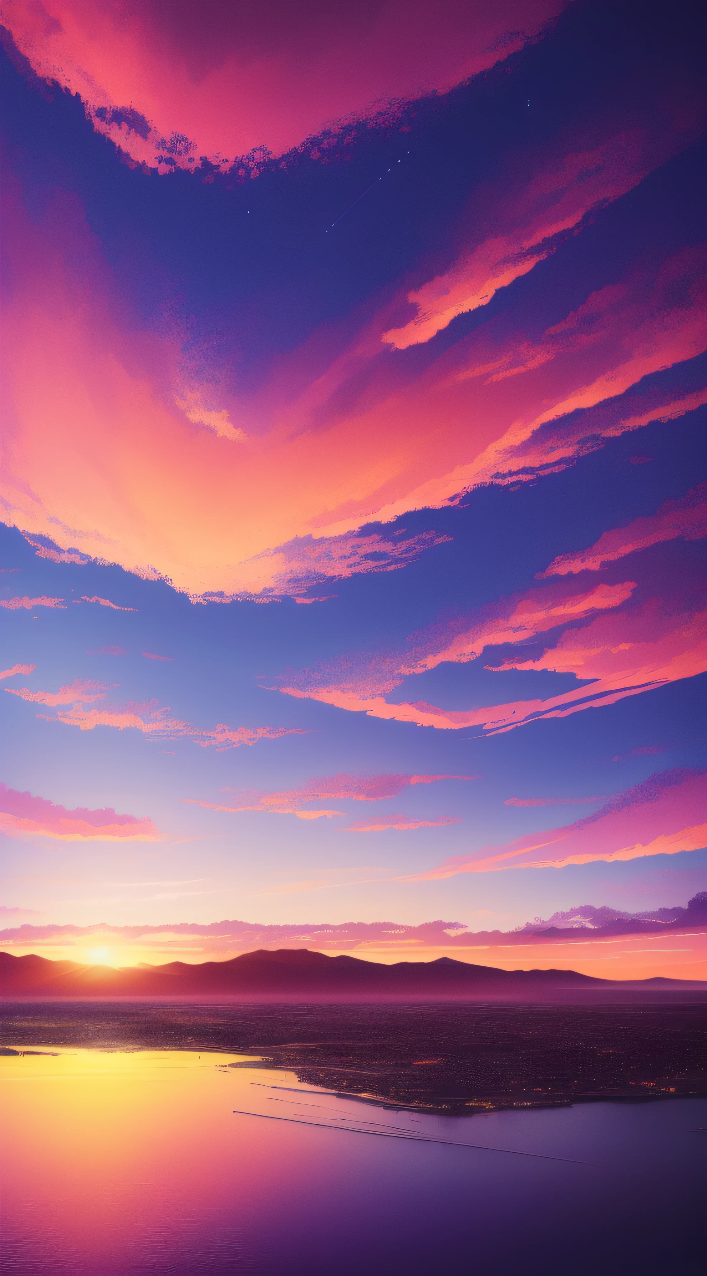 Hyper-Realism, Abstractionism, Cinematic lighting, wide angles, Best Quality, hight resolution, Super Detail, nffsw, masutepiece, 8K, cosmic sky, I see the stars, Landscape painting, wall-paper, octans, planetes, Red and purple clouds, Clouds, Sunset