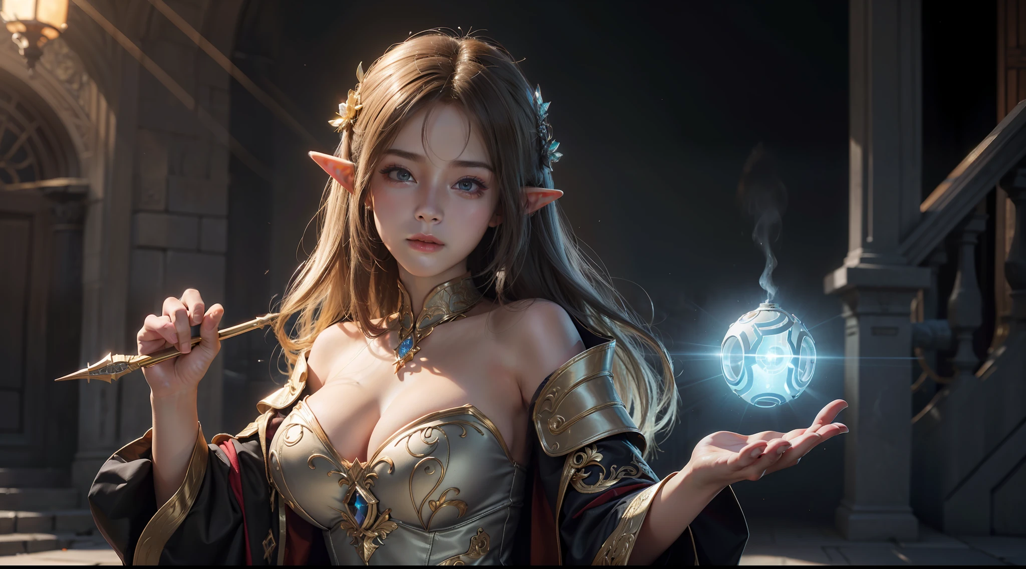 ((best qualtiy)), ((tmasterpiece)), ((Realistis)), (A detailed), (realisticlying:1.5),illusory engine, (High detail: 1.9),(femele:1.4),(big breasts beautiful: 1.4),(carismatic:1.3), (Large breasts), Female elf,beuaty girl,elaborate robes,beauitful face, looking at viewert, dynamicposes, The background is the castle,hdr, Ray traching, NVIDIA RTX, Hyper-Resolution, Unreal 5, sub surface scattering, PBR textures, Post-processing, Anisotropic filtering, depth of fields, Maximum clarity and sharpness, trichotomy,8K original,(Luminous Particle:1.4),(VerydetailedCG,Unity 8k壁纸,cinmatic lighting,lens flare glow),Reflectors,Sharp focus,(((Glowing scepter:1.8)))