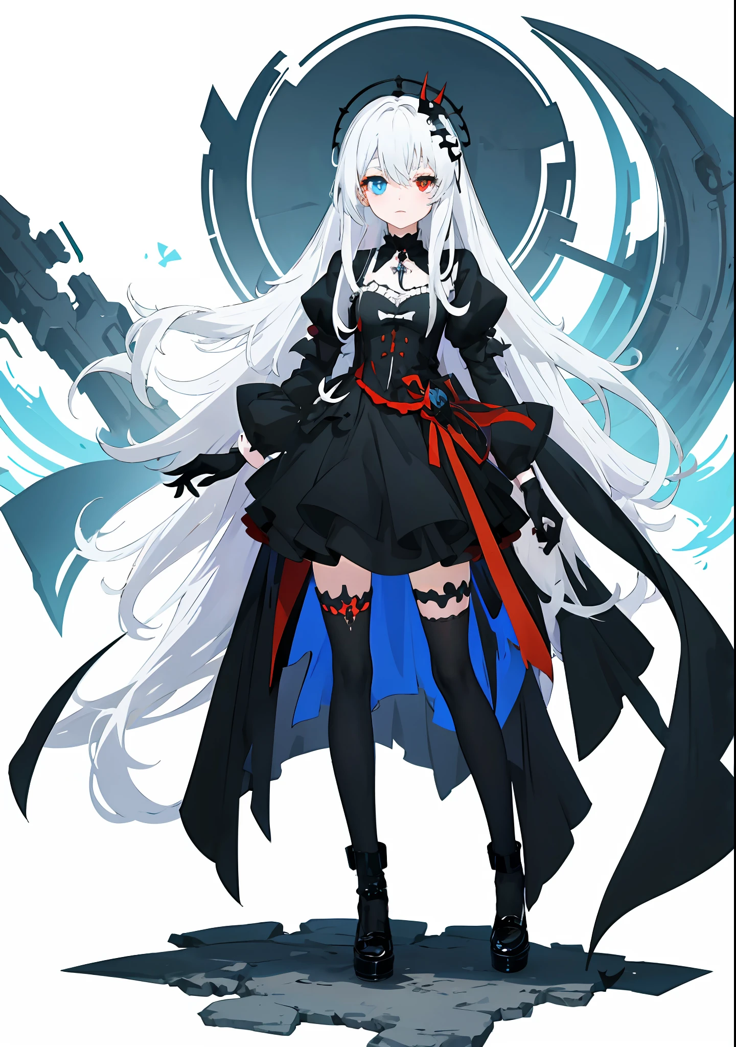 anime girl with long white hair and a black dress,VTuber full-body model,gothic maiden,full body illustration,Heteropupil,The eyes are blue on the left and red on the right,Wear black gloves on the right hand,