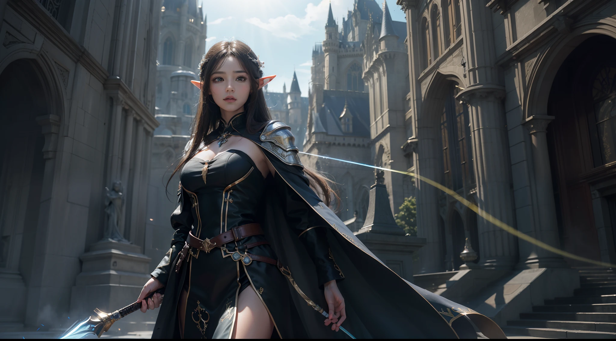 ((best qualtiy)), ((tmasterpiece)), ((Realistis)), (A detailed), (realisticlying:1.5),illusory engine, (High detail: 1.9),(femele:1.4),(big breasts beautiful: 1.4),(carismatic:1.3), (Large breasts), Female elf,beuaty girl,elaborate robes,beauitful face, looking at viewert, dynamicposes, The background is the castle,hdr, Ray traching, NVIDIA RTX, Hyper-Resolution, Unreal 5, sub surface scattering, PBR textures, Post-processing, Anisotropic filtering, depth of fields, Maximum clarity and sharpness, trichotomy,8K original,(Luminous Particle:1.4),(VerydetailedCG,Unity 8k壁纸,cinmatic lighting,lens flare glow),Reflectors,Sharp focus,(((Glowing scepter:1.8)))