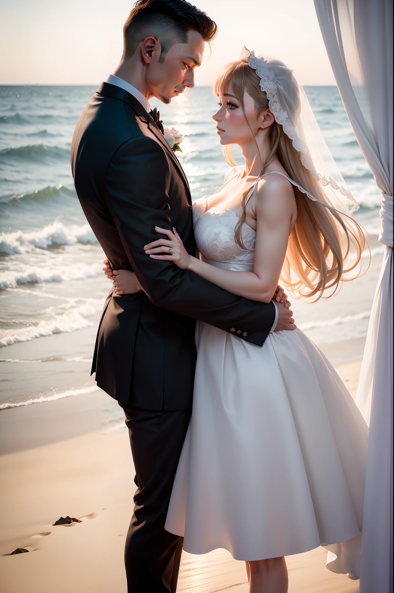 A Russian couple takes wedding photos,Elegant white,simple composition,beachside,white beaches,Ultra-clear details,ultra-realistic realism,Extremely realistic,Sense of photography,Soft light。