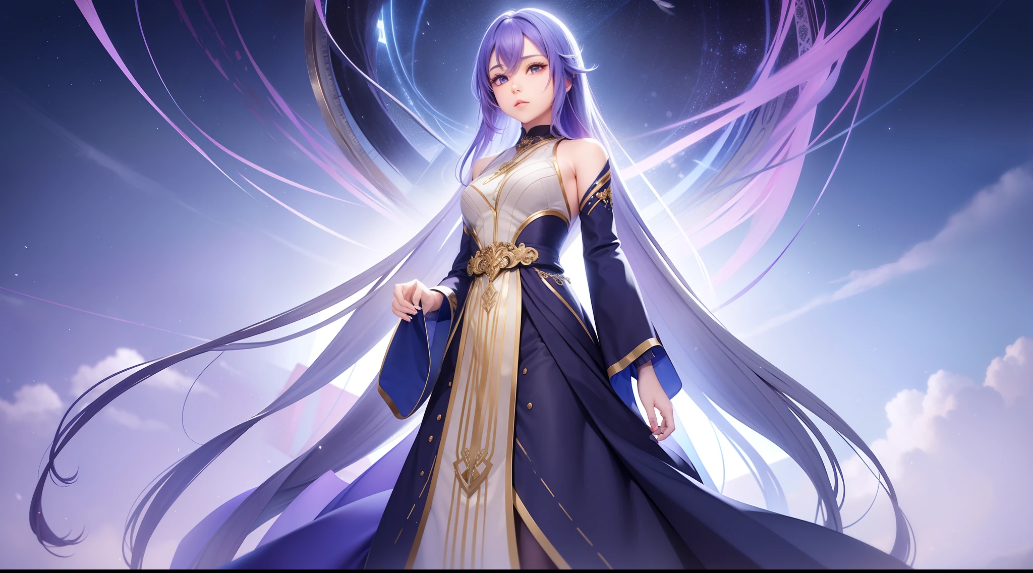 The background displays a gradient blend of cool blues and deep purples, representing the cold and calm, juxtaposed with warm golds and soft pinks shimmering at particular points to give it a shiny effect, embodying the "times gone by." At the center, an anime character stands. This character has an expression of reflection, gazing into a distance. Their attire is a blend of modern and traditional, symbolizing the bridge between the present and the past. Surrounding them are elements like an hourglass, soft glowing orbs, and floating feathers. All these elements, combined, give a sense of drifting through time and memories.