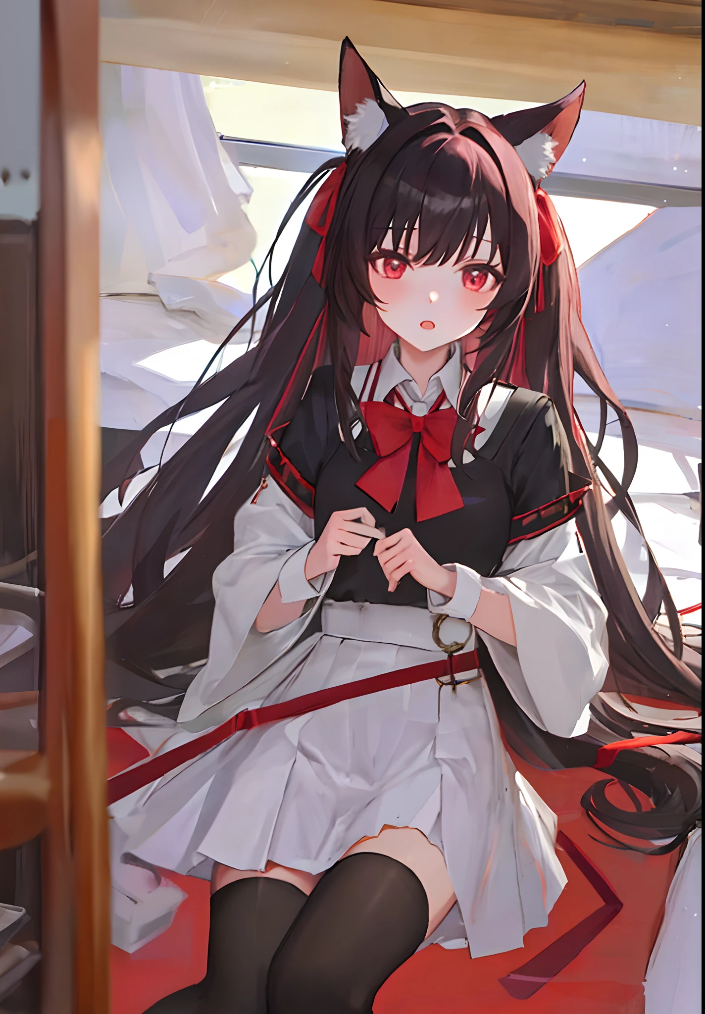 (tmasterpiece,best qualtiy),Ray traching,absurderes,HDR,1girll,jewely,By bangs,brunette color hair,double tails,Very long hair,black_skirt,Blushlush,red eyes,red bow,neck bowtie,mediuml breasts,,hair between eye,hair_ribbon,Red ribbons,,school_uniform,black pantyhoses,white shirt,longer sleeves,looking at viewert,Sideburns,独奏,,inside in room,Cowboy shooting,