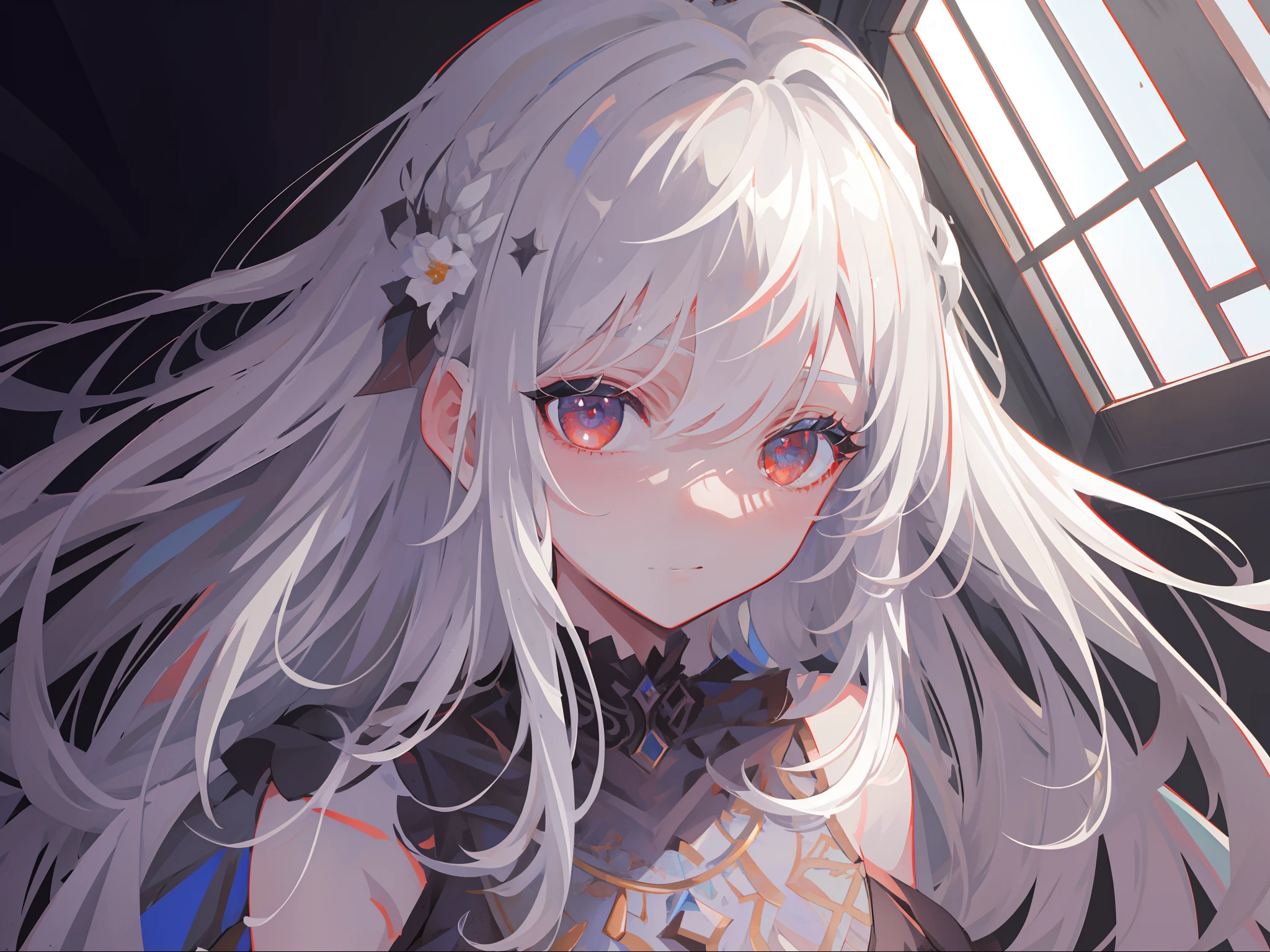 ((Masterpiece, Best quality))++, Detailed light+,  Detail hair+, detail hand+ ,1girll, woman, Long hair,   dark red eye,  Beautiful eyes, Young gray hair,,(Beautiful white hair:1.5),(Beautiful detailed eyes), ,    high resolution+,   Masterpiece,  , Glass tones, Reflective eyes,  {{Angle}} , extremelydetailedwallpaper, Original,full bodyesbian,Bedrooms,upper legs, Beth,starrysky,Issuing,,swim wears