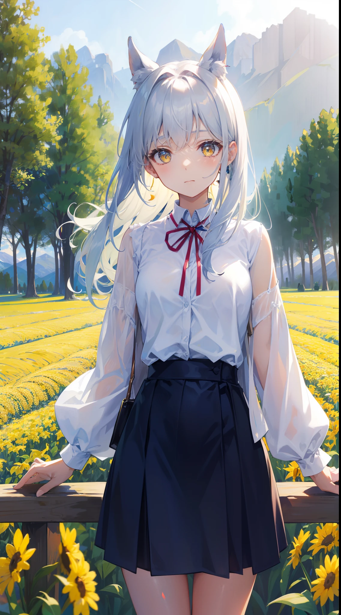 Medium-sized chest,Long hair and waist,Pale yellow eyes,female archer,Draw the bow and aim,tmasterpiece,4K,独奏,white colors,long white hair,Long white horse ears,Hanfu styling,nipple tassels,Jade ring accessories,Skirt that wraps hips,Ark of Tomorrow character Platinum,Top-down view,1girll,wheat field,Mountains,cavalier,Horse Girl,Top-down view