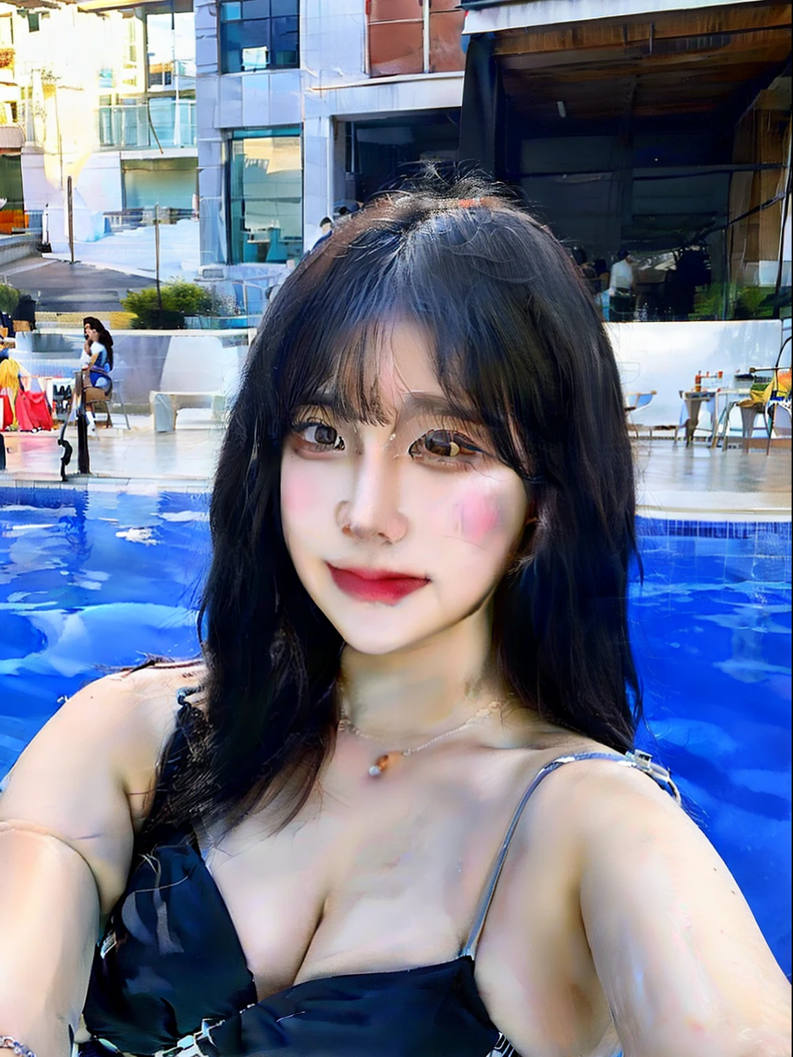 ((Best quality, 8K, tmasterpiece:1.3)), 1 Human, elegant bikini, beautiful fashion model, Natural makeup, Black shortcut, Beautiful duplex, pool-side,creampie,18+