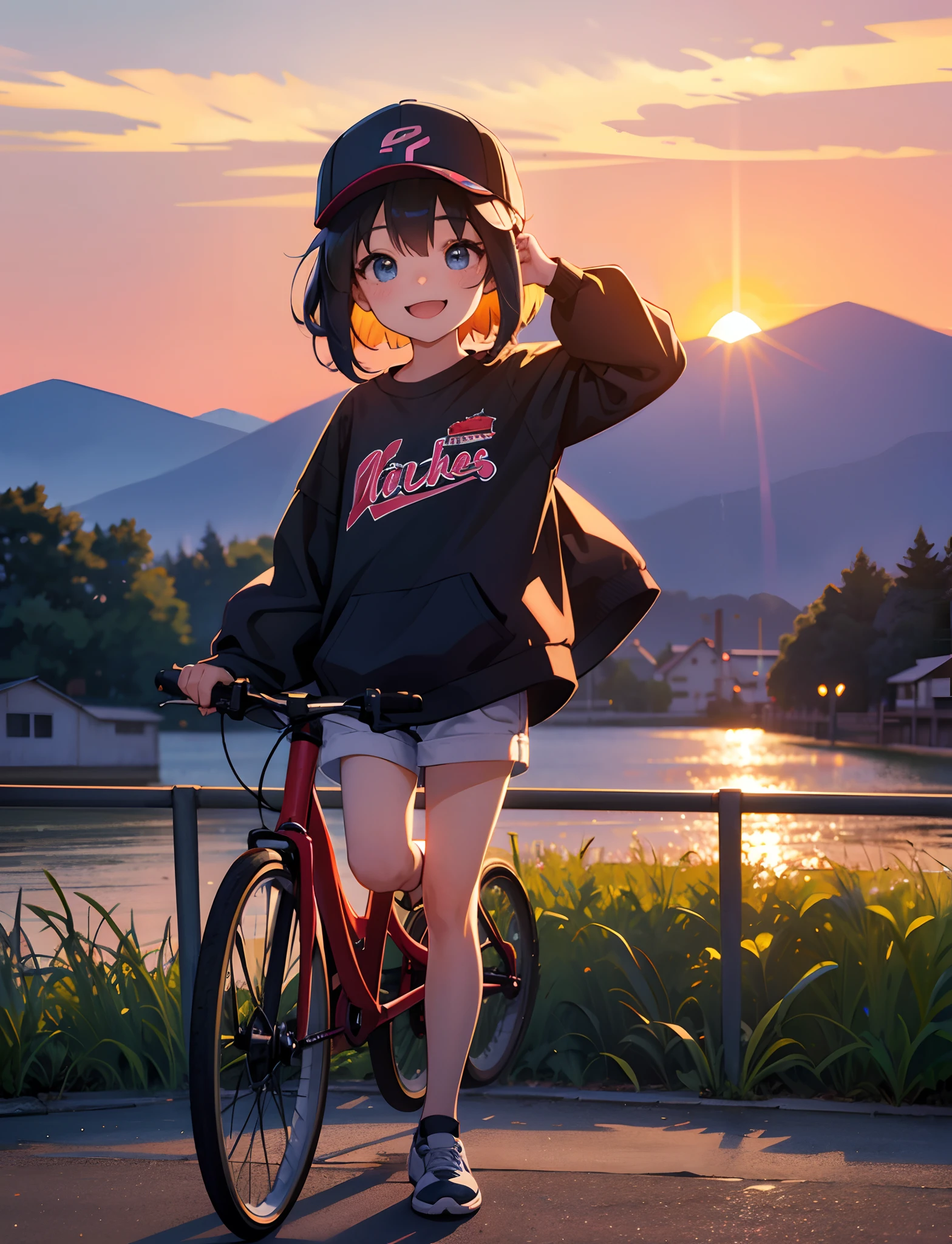 A happy  girl，Dressed in casual attire，Ride a small electric，With a baseball cap，The background is the village，Sunset and sunset，Face the camera，Full body photo，Ultra-high definition