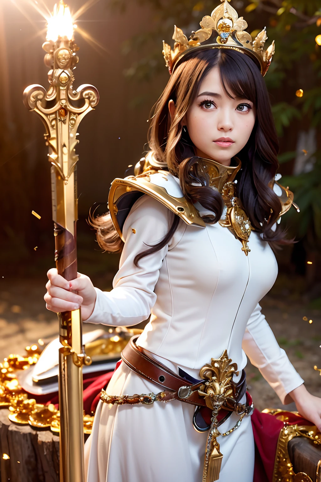 (masutepiece), Professional , ​masterpiece、top-quality、photos realistic , depth of fields （Gemstone Silver Metal Body:1.９),(Matte White、Particles of light、 Gold Weapon（Metal:1.４),Gorgeous metal weapons , Detailed Sword of the Brave , Beautiful knife   ,warhammer 40k , adepta sororitas,Detail and ornate jewel crown、Particles of light、Brown hair、Gangle's forest background、Beautiful Caucasian beauty、１a person、dynamic ungle,(((Detailed and ornate diamond crown)))、Particles of light、