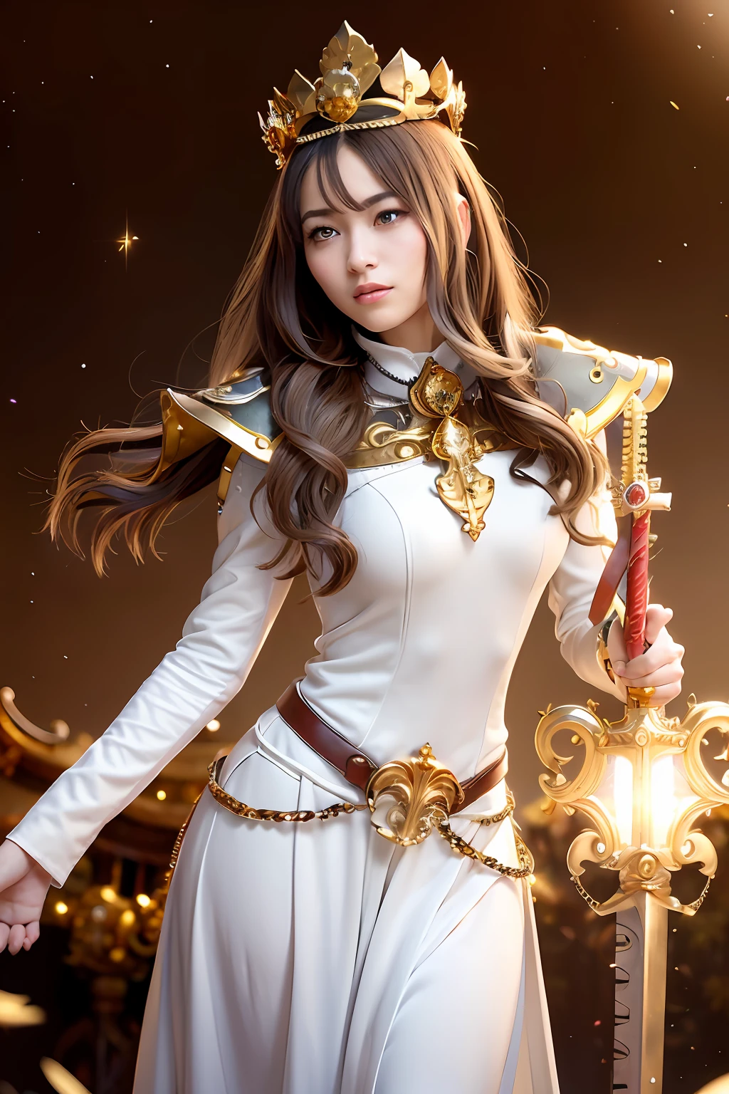 (masutepiece), Professional , masterpiece、top-quality、photos realistic , depth of fields (Gemstone Silver Metal Body:1.9),(Matte White、Particles of light、 Gold Weapon(Metal:1.4),Gorgeous metal weapons , Detailed Sword of the Brave , Beautiful knife ,warhammer 40k , adepta sororitas,Detail and ornate jewel crown、Particles of light、Brown hair、Gangle's forest background、Beautiful Caucasian beauty、1a person、dynamic ungle,(((Detailed and ornate diamond crown)))、Particles of light、