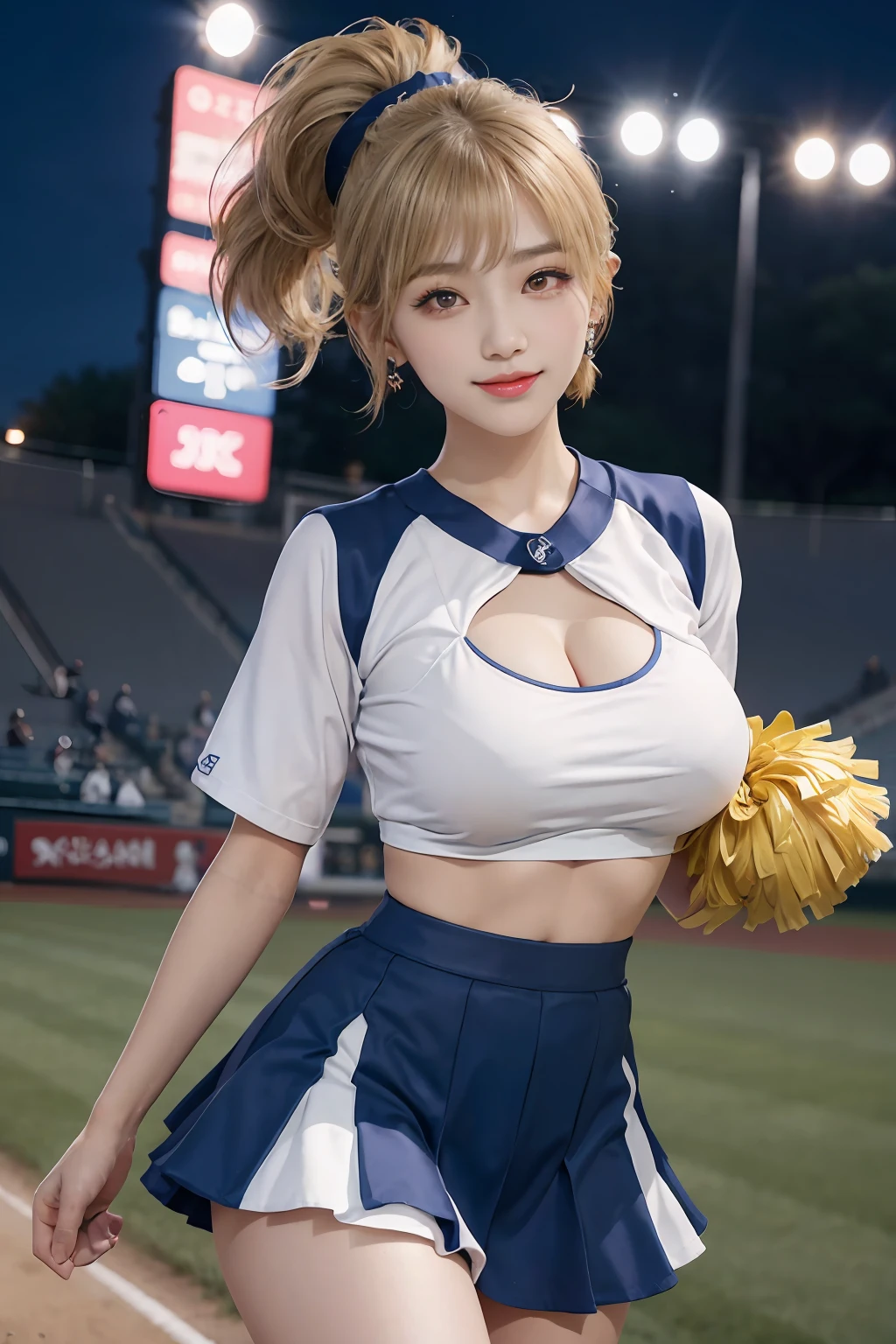 17 year old cool Korean, big round breasts, cleavage, cheerleader, baseball team cheerleader, skirt, beautiful eyes in detail, eyelashes, beautiful double eyelids, eyeshadow, slit eyes, perfect eye makeup, seductive smile, beautiful thin legs, bright blonde, bob cut, ponytail, various hairstyles, earrings, stand at the baseball stadium at night, night