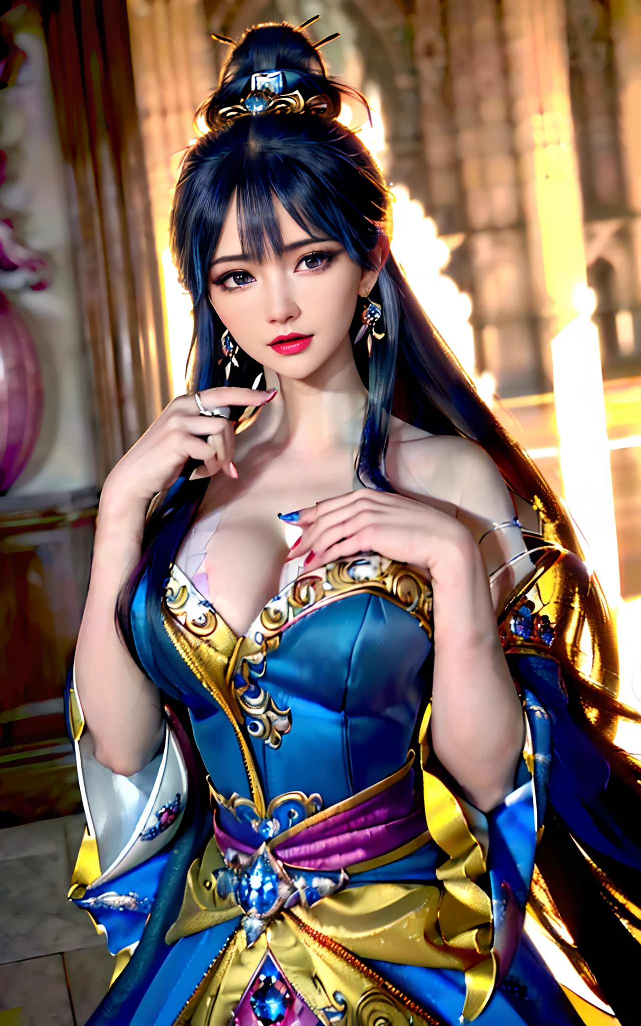 ((realisticity: 1.2)), ((realistic: 8K UHD)), ((best resolution: 8K UHD)), hyper detailed, best quality,masterpiece,highres,cg, ((1 girl hyper detailed and hyper realistic) ) , ((beautiful queen, hyper realistic and hyper detailed)),((white skin, beautiful, smooth, youthful, hyper realistic and hyper detailed )), ((Face hyper beautiful, white, hyper realistic and hyper detailed ) ), long hair, ((hyper realistic and hyper detailed dress)), solo, ((hyper realistic, hyper beautiful, beautiful and hyper detailed jewelry)), ((hyper beautiful deep red and golden yellow dress, hyper realistic and hyper detailed )) , ((Her pretty, hyper realistic, hyper detailed diamond filled earrings)), ((Her gorgeous diamond haircut, hyper realistic and hyper detailed)), ((hyper pretty upper body, hyper beautiful, hyper realistic and hyper detailed) ), ((medium breast: 1.5)), ((hyper realistic, hyper pretty, hyper detailed boobs)), ((the backgroun of the royal palace is hyper majestic, hyper realistic and hyper detailed)),((hands and palms hyper beautiful, hyper detailed, hyper realistic)), ((fingers: pinky finger, index finger, ring finger, middle finger, and thumb hyper realistic, hyper detailed, hyper beautiful)), ((hyper pretty, hyper pretty, hyper realistic and hyper detailed hair bun)), ((hyper pretty , hyper realistic and hyper detailed blue hair)), candid, Photo, high resolution, 8k , bokeh,