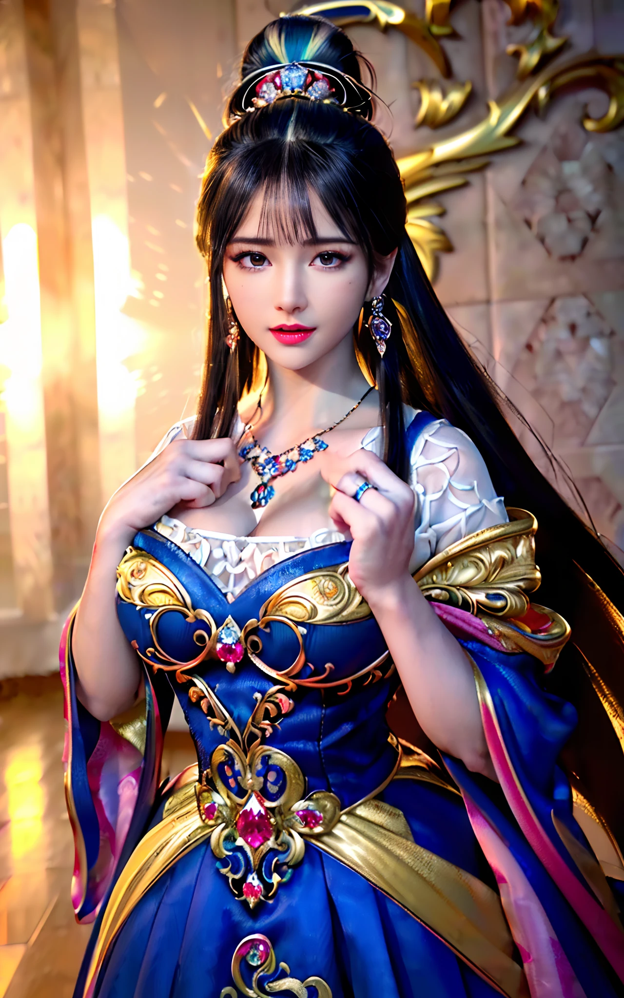 ((realisticity: 1.2)), ((realistic: 8K UHD)), ((best resolution: 8K UHD)), hyper detailed, best quality,masterpiece,highres,cg, ((1 girl hyper detailed and hyper realistic) ) , ((beautiful queen, hyper realistic and hyper detailed)),((white skin, beautiful, smooth, youthful, hyper realistic and hyper detailed )), ((Face hyper beautiful, white, hyper realistic and hyper detailed ) ), long hair, ((hyper realistic and hyper detailed dress)), solo, ((hyper realistic, hyper beautiful, beautiful and hyper detailed jewelry)), ((hyper beautiful deep red and golden yellow dress, hyper realistic and hyper detailed )) , ((Her pretty, hyper realistic, hyper detailed diamond filled earrings)), ((Her gorgeous diamond haircut, hyper realistic and hyper detailed)), ((hyper pretty upper body, hyper beautiful, hyper realistic and hyper detailed) ), ((medium breast: 1.5)), ((hyper realistic, hyper pretty, hyper detailed boobs)), ((the backgroun of the royal palace is hyper majestic, hyper realistic and hyper detailed)),((hands and palms hyper beautiful, hyper detailed, hyper realistic)), ((fingers: pinky finger, index finger, ring finger, middle finger, and thumb hyper realistic, hyper detailed, hyper beautiful)), ((hyper pretty, hyper pretty, hyper realistic and hyper detailed hair bun)), ((hyper pretty , hyper realistic and hyper detailed blue hair)), candid, Photo, high resolution, 8k , bokeh,