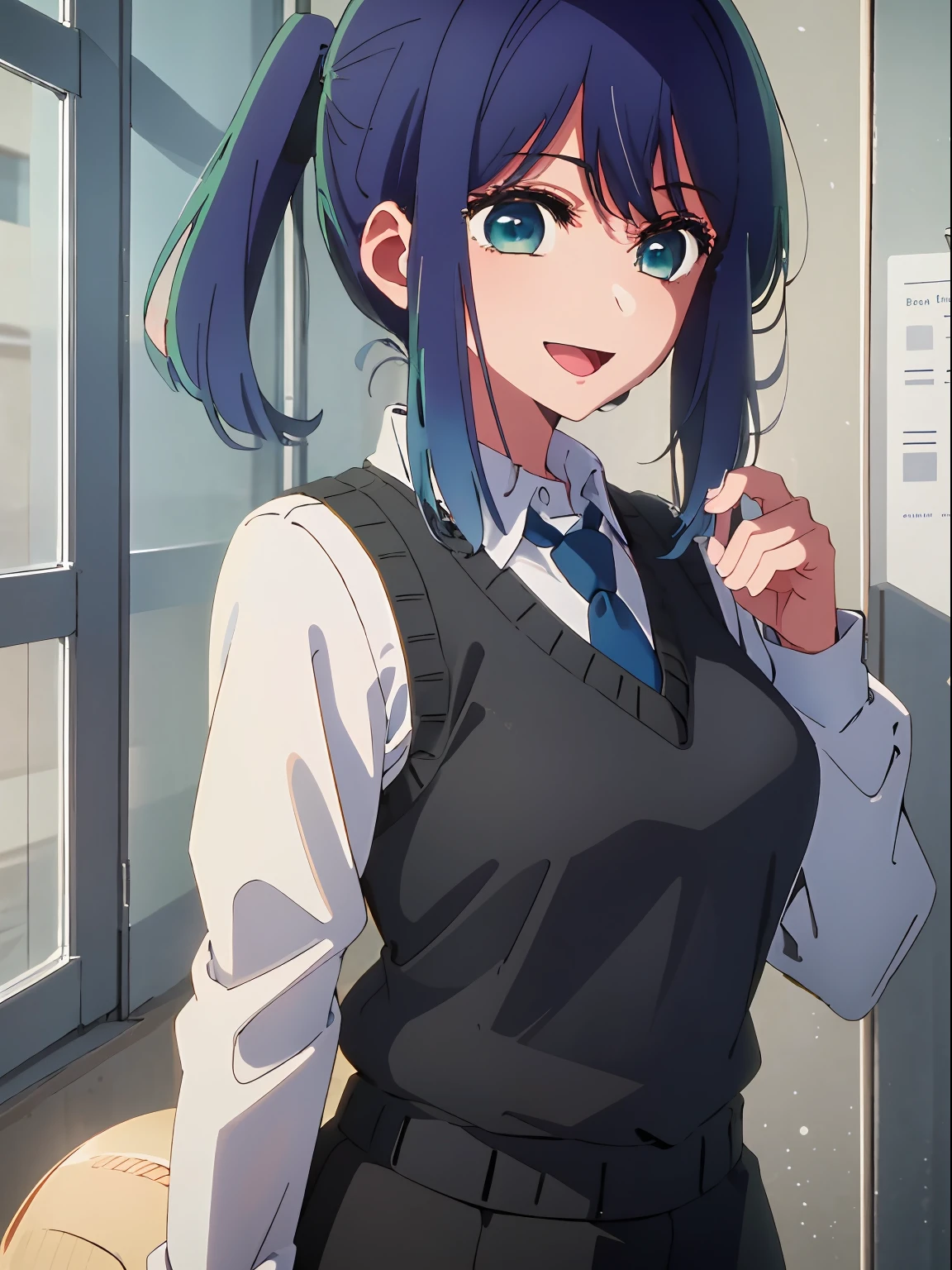 beautiful  lighting, 1girl in, 独奏, Akane, white  shirt, Sweater Vest, Black vest, Blue tie, ((anime styled))、((2D))、A smile、Open your mouth、poneyTail