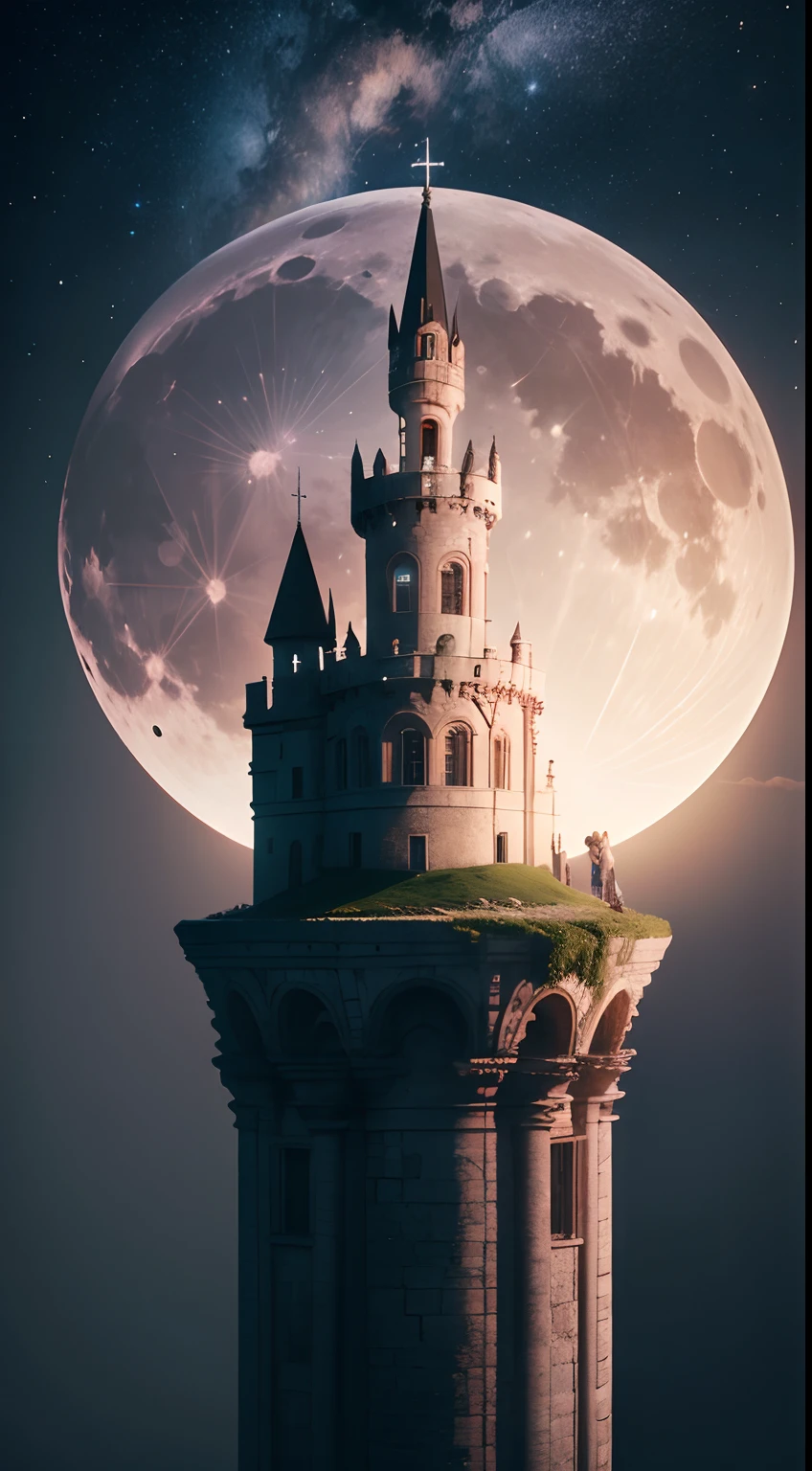 (8k), Ultra resolution 8K, Romantic illustration, (Pareja de pie en la cima de un castillo, primer plano) ,Huge full moon behind,Moonlight reflecting the sea Romantic lighting, natural lighting