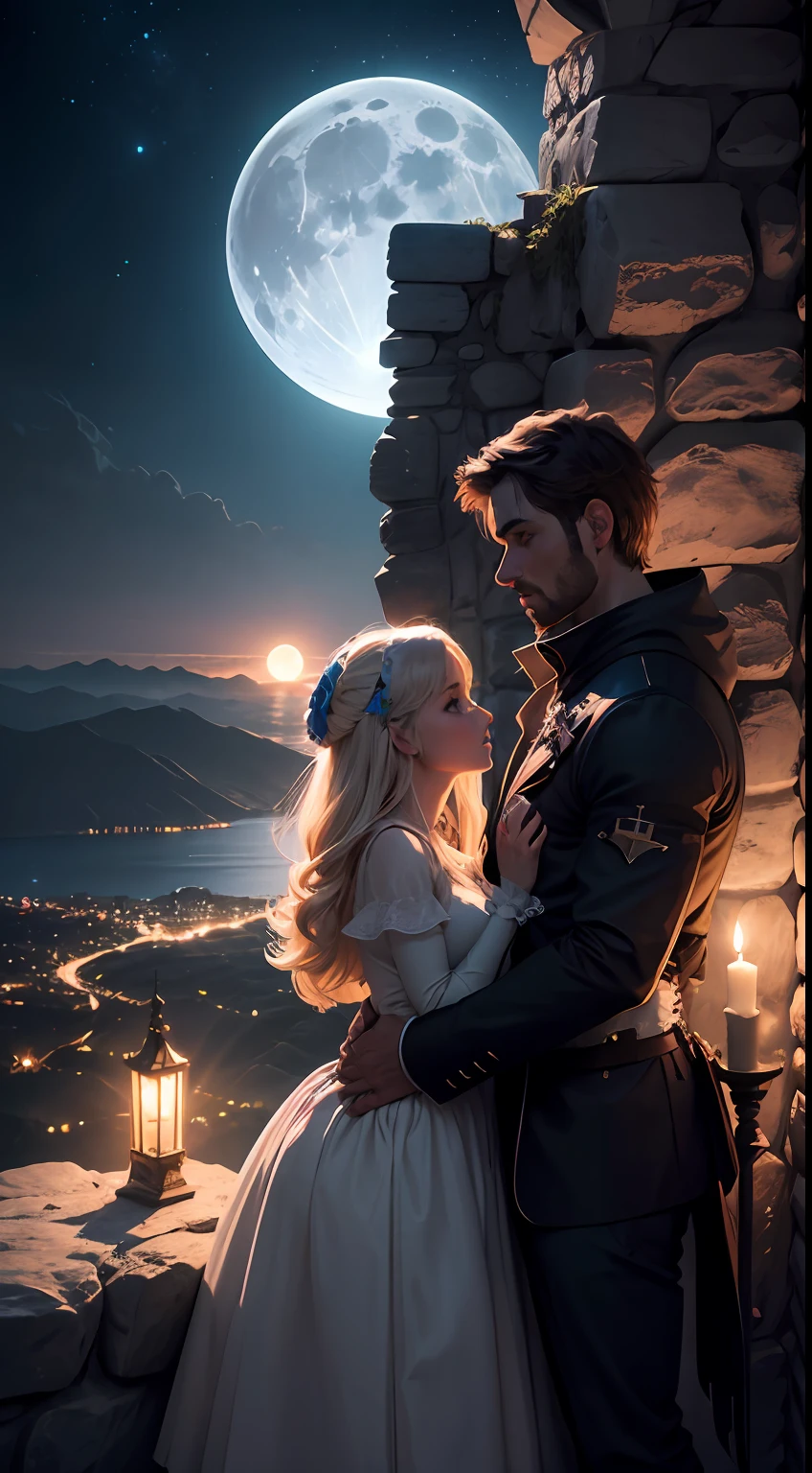 (8k), Ultra resolution 8K, Romantic illustration, (Pareja de pie en la cima de un castillo, primer plano) ,Huge full moon behind,Moonlight reflecting the sea Romantic lighting, natural  lighting