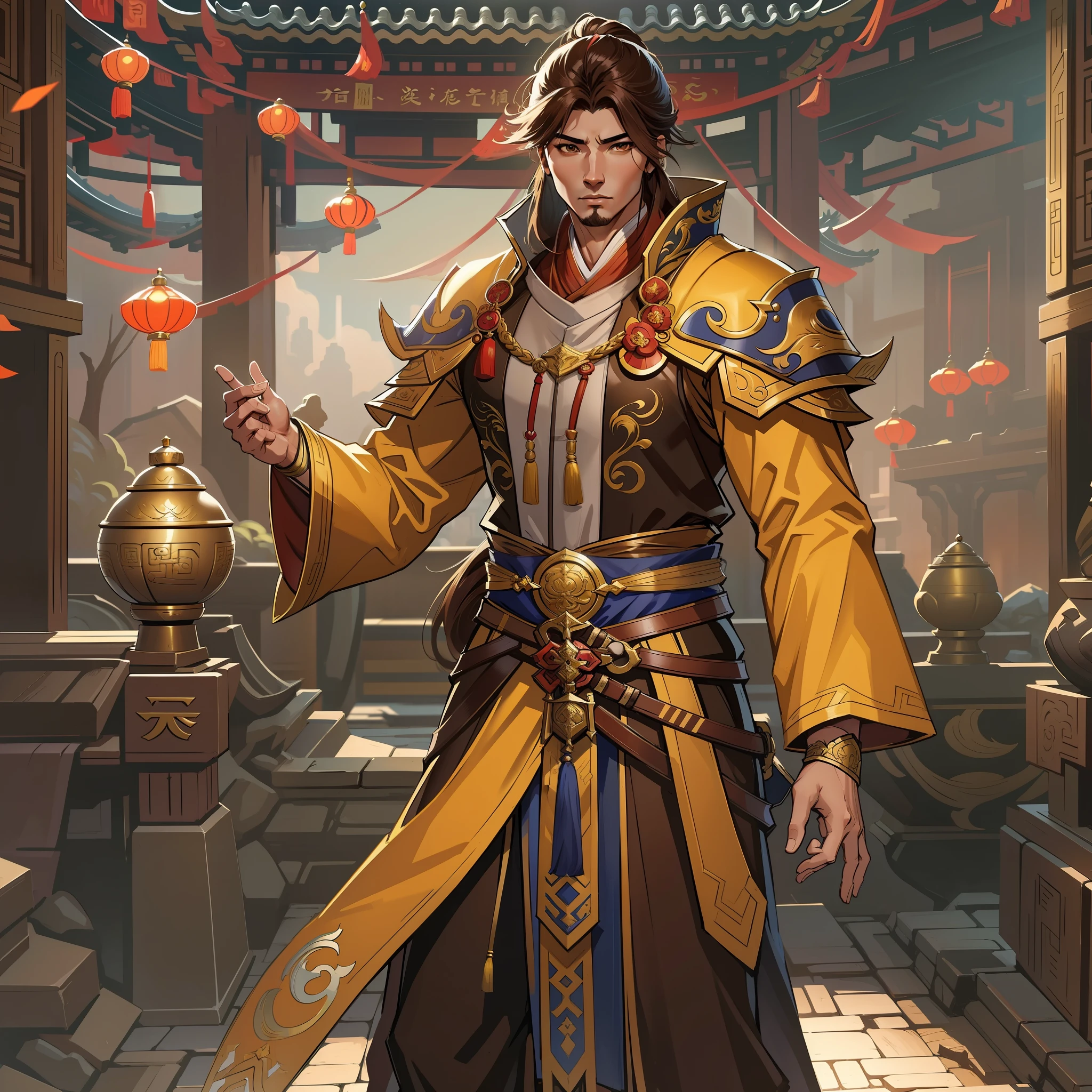 a close up of a strong man in his 30's, with brown eyes and brown hair, wearing a yellow and brown mage's robes, a hero with brown eyes, male wearing chinese rice hat, mage with earth magic, standing in a chinese temple, new costume concept design, in the style of blade and soul, full body character concept, detailed character design, inspired by Yang Jin, inspired by Li Mei-Shu, chinese costume, inspired by Lan Ying, inspired by Sim Sa-Jeong, inspired by Li Tang, lunar themed attire, costume with gold accents, inspired by Ju Lian, colored concept art, highly detailed character design, highly detailed face, inspired by Ai Xuan, very highly detailed face, unreal engine render, final fantasy 14 style, inspired by Leng Mei