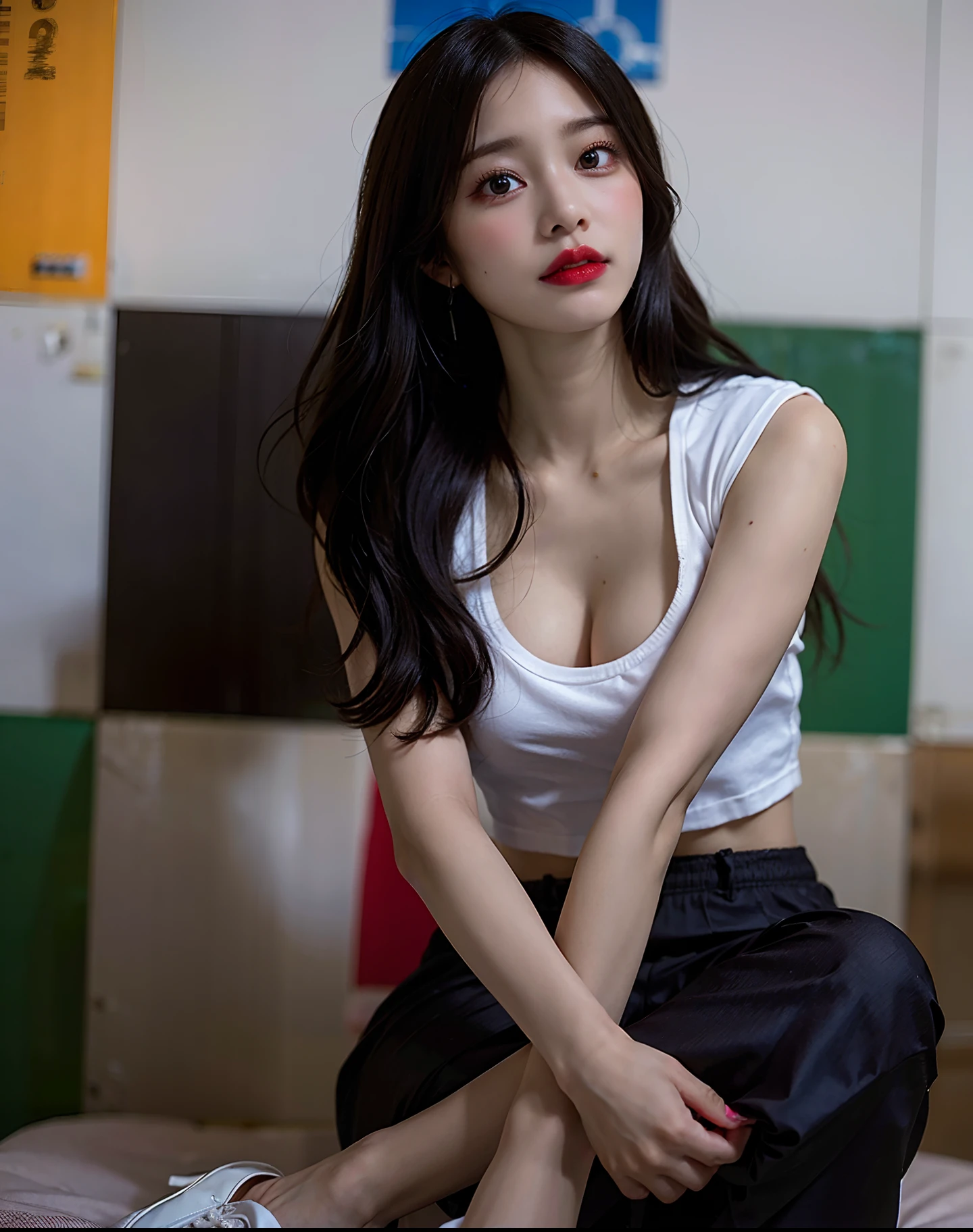 (8k, RAW photo, highest quality, masterpiece: 1.2), (realistic, photorealistic: 1.37), 1 girl, Japan, 40s,, Tokyo cityscape, night, professional lighting, photon mapping, radiosity, torn, big, bright red see-through bra very small in size, boob tips protruding, areola protruding, pubic shape clearly visible, Gal, with a lot of lashes, lame on the eyelids, bright red lips, pitch black heels, pubic hair, bristles on the lower abdomen, slender, open crotch, are large and about to spill out of the bra, see-through underwear, pubic hair sticks out of the underwear,