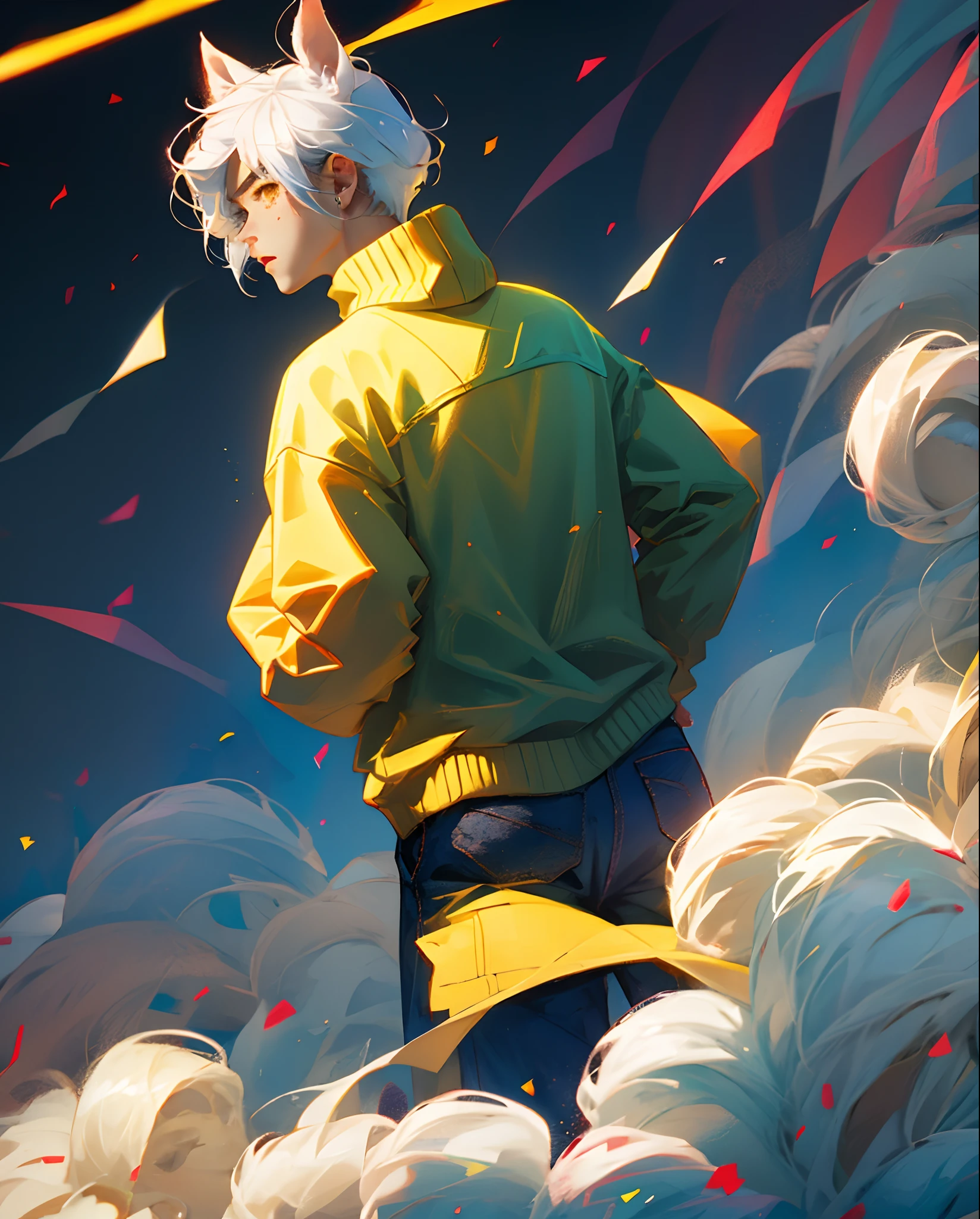 Libido boy，edgBunny，furry，Light blue hair，Q version，adolable，Pale yellow sweater，Dark blue pants
