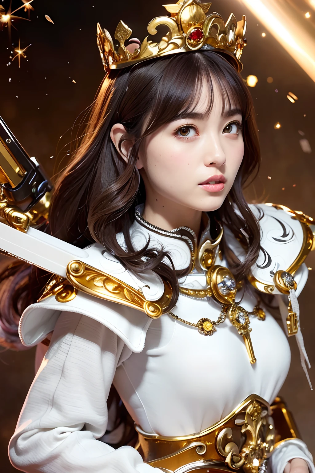 (masutepiece), Professional , ​masterpiece、top-quality、photos realistic , depth of fields （Gemstone Silver Metal Body:1.９),(Matte White、Particles of light、 Gold Weapon（Metal:1.４),Gorgeous metal weapons , Detailed Sword of the Brave , Beautiful knife   ,warhammer 40k , adepta sororitas,Detail and ornate jewel crown、Particles of light、Brown hair、Gangle's forest background、Beautiful Caucasian beauty、１a person、dynamic ungle,(((Detailed and ornate diamond crown)))、Particles of light、
