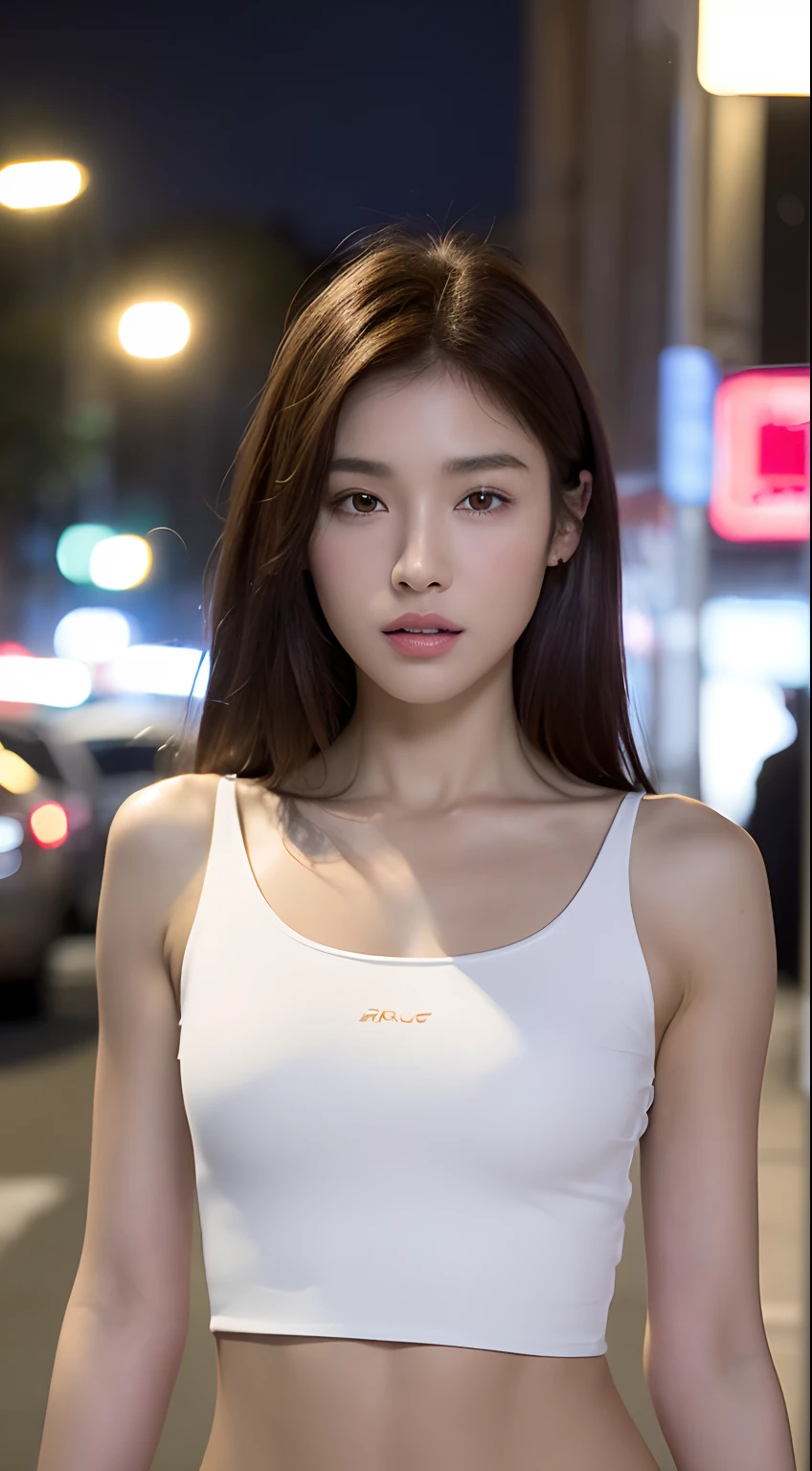 ((Realistic lighting, Best quality, 8K, Masterpiece: 1.3)), Clear focus: 1.2, 1girl, Perfect Figure: 1.4, Slim Abs: 1.1, ((Dark brown hair)), (White crop top: 1.4), (Outdoor, Night: 1.1), City streets, Super fine face, Fine eyes, Double eyelids,