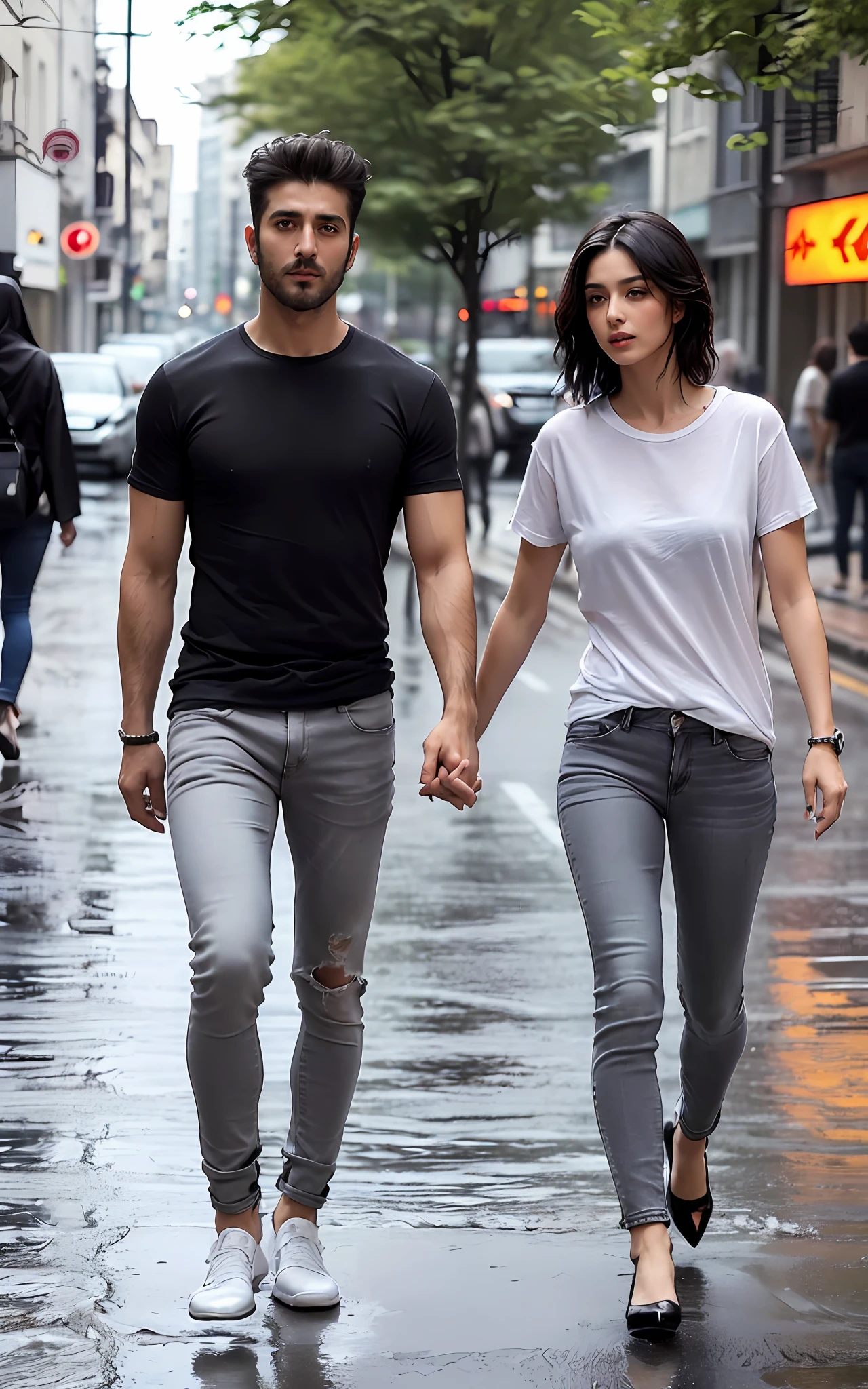 (RAW photo, best quality, highest quality, masterpiece:1.2), (realistic, photo-realistic:1.37), ultra high res, (1 man 36 year's old, Tirkish handsome, 1 girlfriend middle eastern 28 years old Arab beauty, detailed beautiful face, toned body, perfact legs, ankle fit skinny jeans with high heels, medium bouncy breasts:2.0), (summer night:1.3), (black round neck plain Tee-shirt, regular fit baggy Tee-shirt, grey bottom fold regular fit lose jeans:1.3), (walking on a street, wet wide road:1.4), high rise buildings, traffic cars, yellow cabs behind, rainy weather, headlights, rainy atmosphere, full body, Oxford black shoes, model style Posing, (focus face:1.3), (high contrast:1.1), (detailed background:1.3), dynamic pose, intricate detail, delicate pattern, (vibrant, colorful:1.3), (high sharpness), middle eastern guy, fashion posing, short black hairstyle, plain regular fit lose Tee-shirt no printing on Teeshirt, light bearded, Turkish boy.