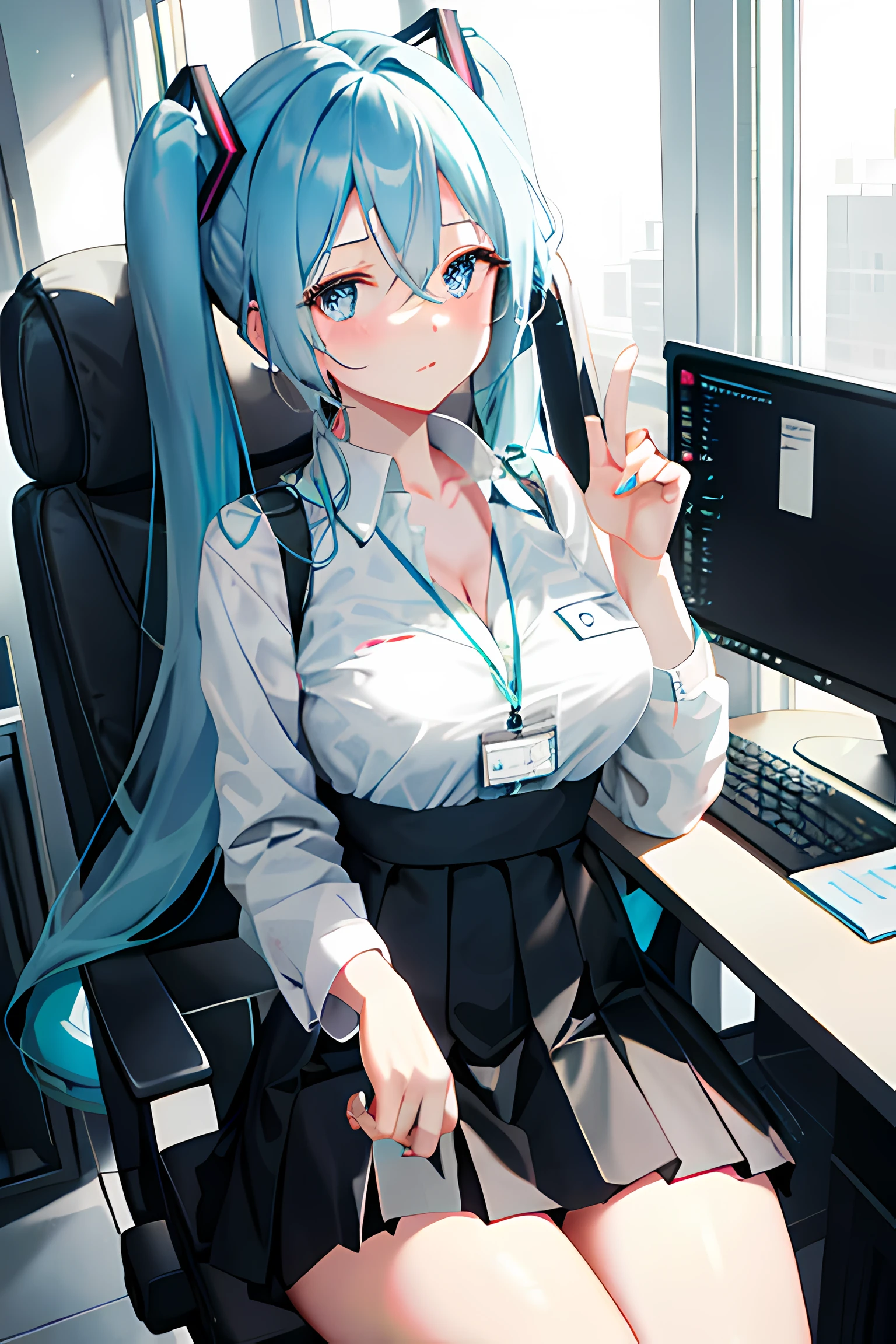 Hatsune miku, 1girl, solo, ((white shirt)), black thighs, boobs, cleavage, uniform, office bottom, black skirt, pleated skirt, office, hair between eyes, blue eyes, flower pupils, medium breasts, hair long, looking at viewer, blue hair, blue short nails, solo, thighs, thighs, very long hair, ((masterpiece)), sitting, chair, desk, computer on desk, name tag, id tag, indoors, blushing, sexy pose, ((long twin tail)),