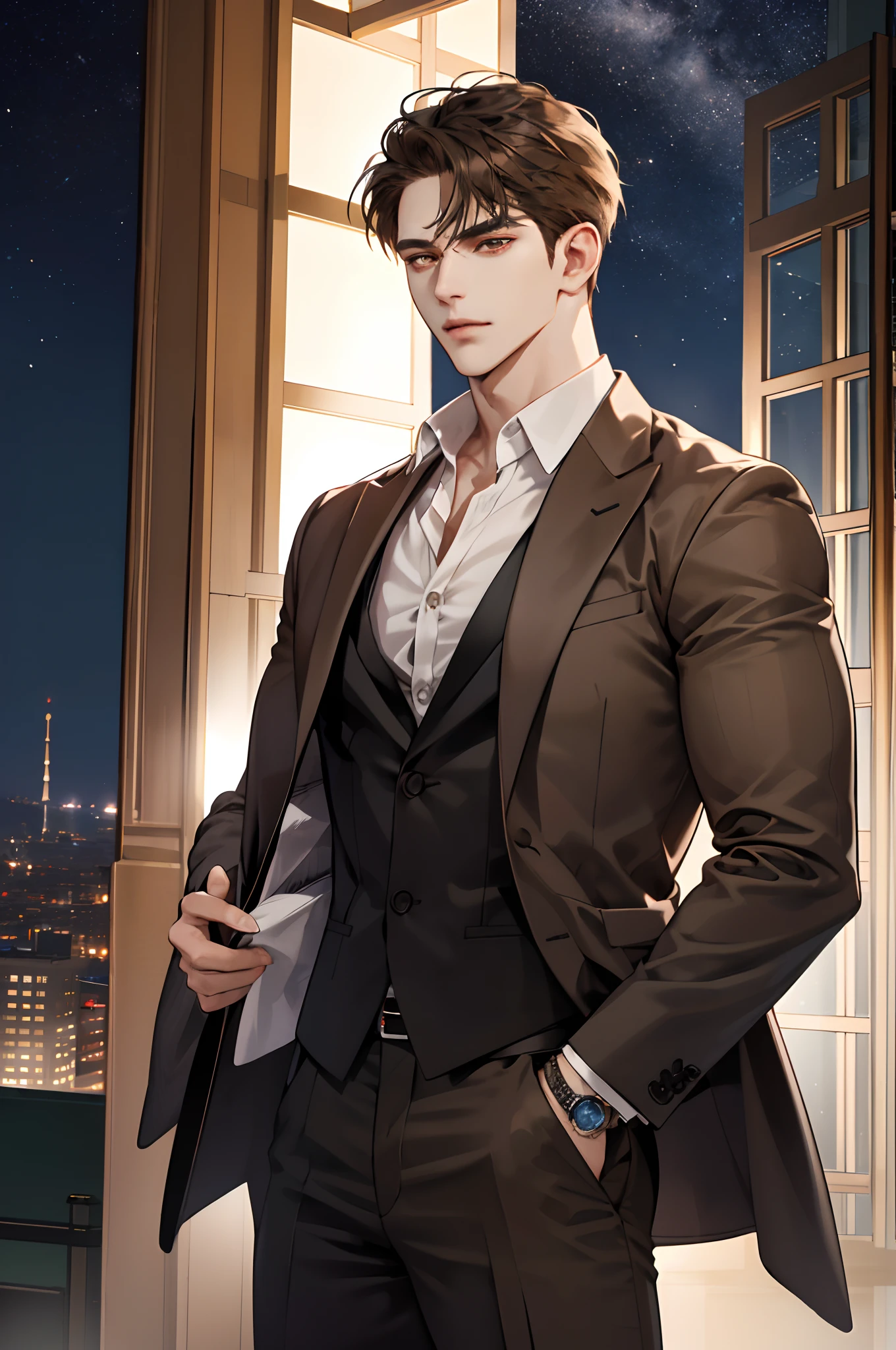 (modern day, k hd, ultra - detailed), (1male people, solo person, AS-Adult, mature:1.4, Idade:1.4, 年轻, Tall muscular man, Handsome), Very short hair, brunette color hair, Hair oil, with brown eye,(Pointed chin:1.4,Thick neck:1.4,),the night,Dark,Look at the night view of the city through the large window,brown suit,tiese,full bodyesbian,luxury goods,luxury goods,