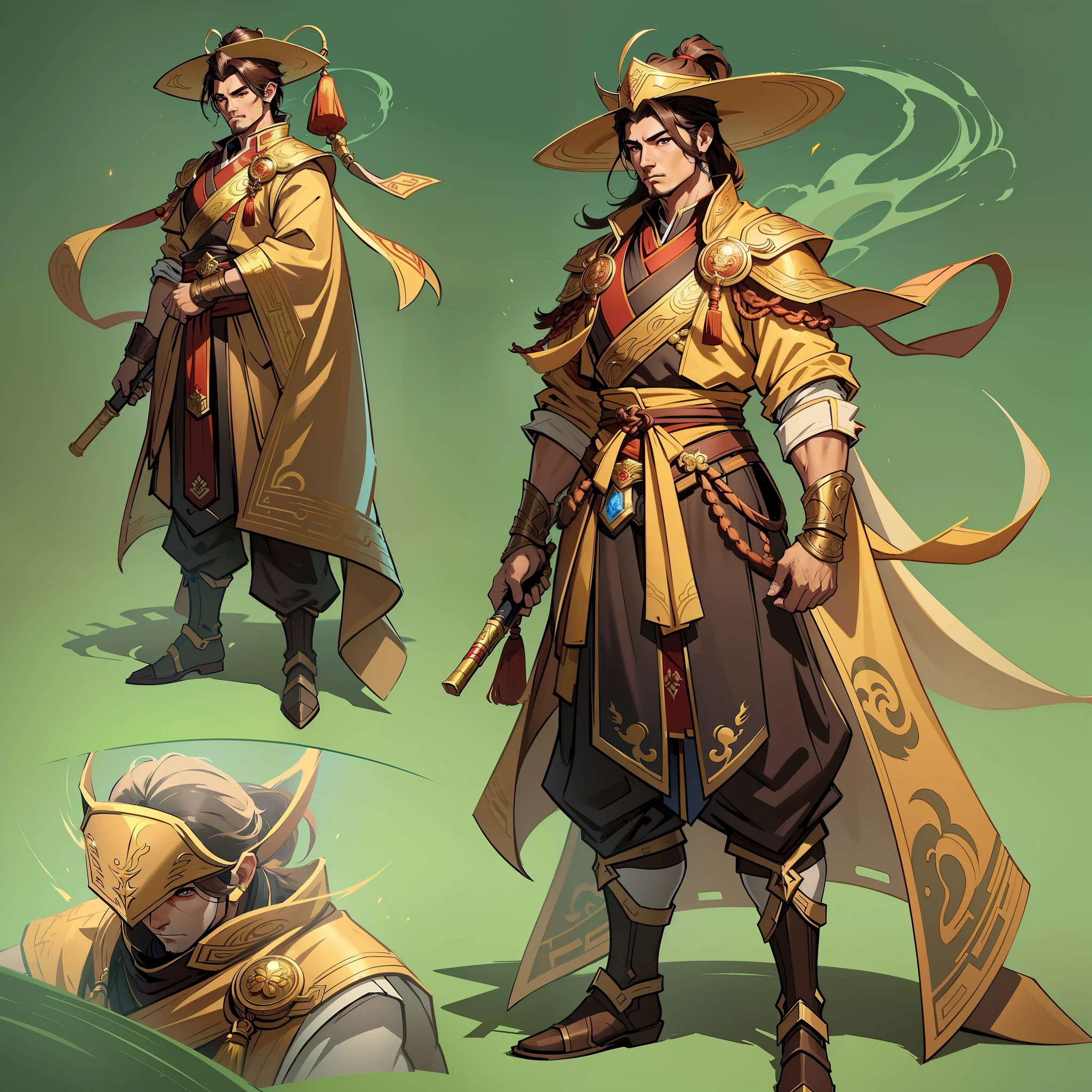 a close up of a strong man in his 30's, with brown eyes and scruffy brown hair, wearing a yellow and brown mage's robes, a hero with brown eyes, male wearing an asian conical rice hat, mage with earth magic, standing in a chinese temple, new costume concept design, in the style of blade and soul, full body character concept, detailed character design, inspired by Yang Jin, inspired by Li Mei-Shu, chinese costume, inspired by Lan Ying, inspired by Sim Sa-Jeong, inspired by Li Tang, lunar themed attire, costume with gold accents, inspired by Ju Lian, colored concept art, highly detailed character design, highly detailed face, inspired by Ai Xuan, very highly detailed face, unreal engine render, final fantasy 14 style, inspired by Leng Mei