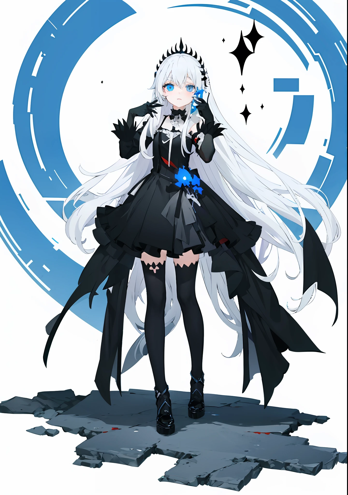 anime girl with long white hair and a black dress,VTuber full-body model,gothic maiden，full body illustration,Heteropupil，The eyes are blue on the left and red on the right，Wear black gloves on the right hand，