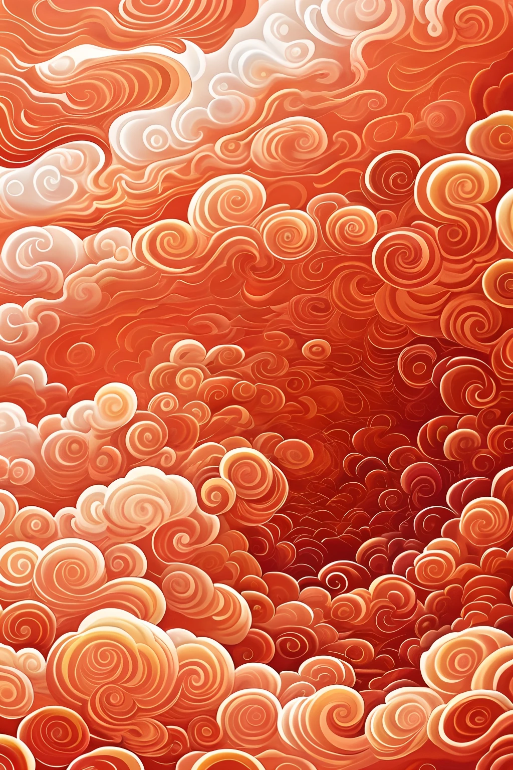There is a painting of a red sky with clouds, orange clouds, ceremonial clouds, fancy clouds, Red clouds, harmony of swirly clouds, whorl. Clouds, swirly clouds, psychedlic clouds, swirly clouds, crimson clouds, spiral clouds, Anime Cloud, Burning clouds, clouds swirling, nintendo clouds, Swirling clouds