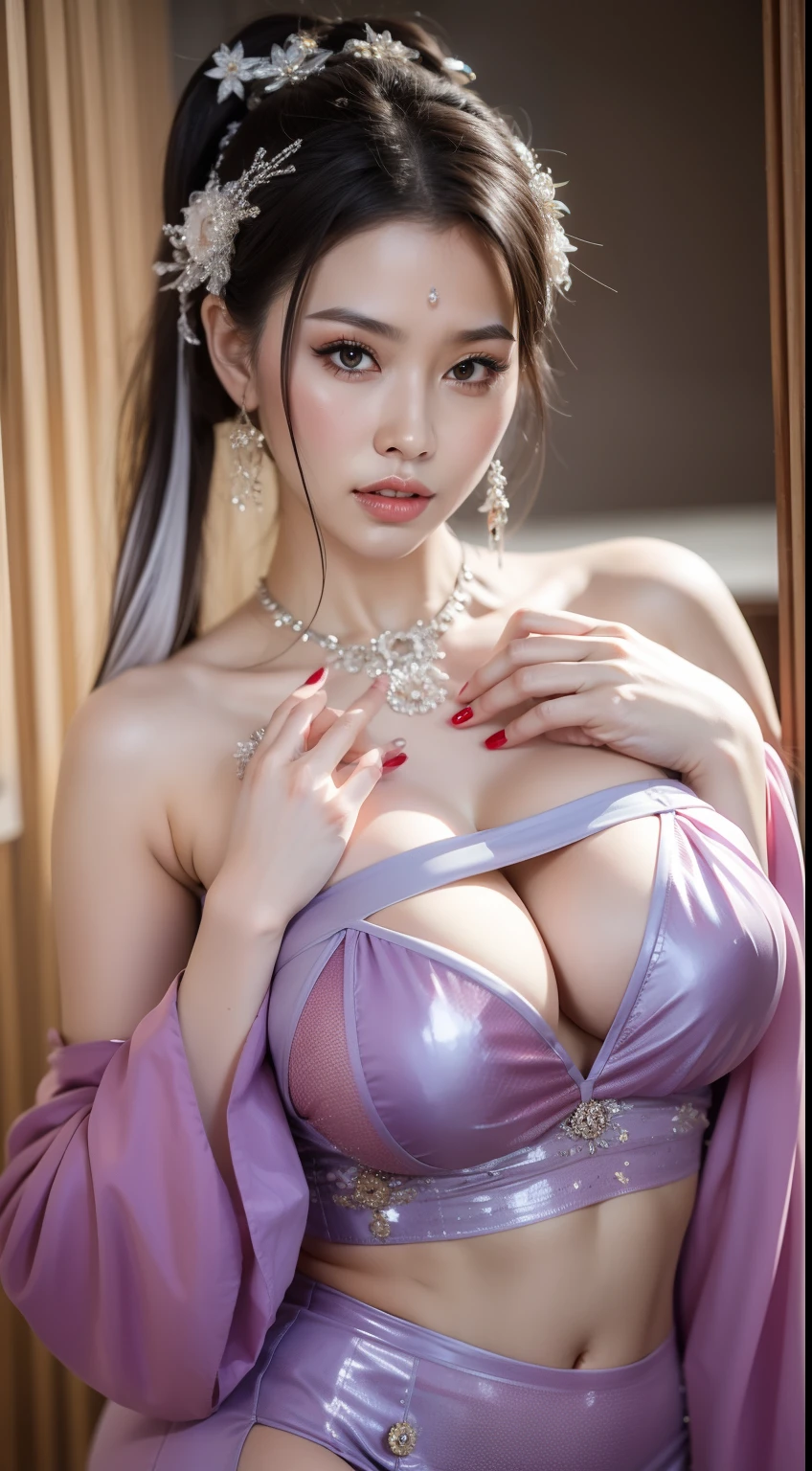 Fashion model 20 years old [[[[closeup cleavage]]]], [[[[boobgasm]]]], [[[[coll]]]], [[[[bshoulders]]]], perfect  eyes, Perfect iris，Perfect lips，perfect teeth，Perfect skin，with fair skin，Soft front light，hdr，Movie girl，Casual，long whitr hair，scowling，The expression was melancholy，expression sad，The background is indoors，during night，（pastel colour：1.2）